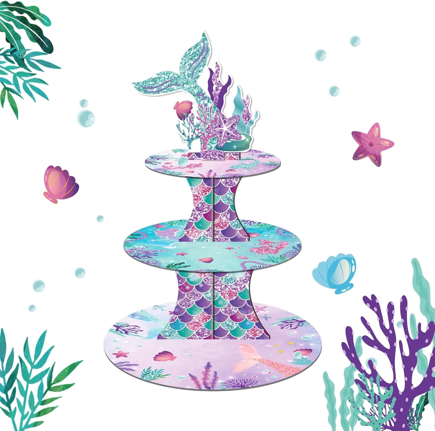 Soporte para tartas de sirena, soporte para cupcakes para cumpleaños de niños, soporte para cupcakes de sirena de 3 niveles, soporte para cupcakes