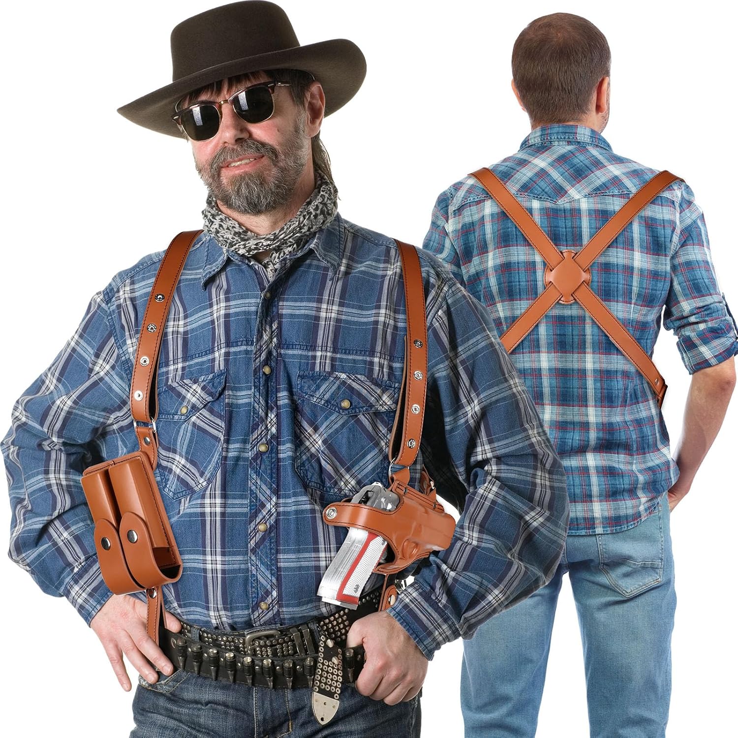 Funda de hombro de cuero para Halloween, funda vertical para pistola para transporte oculto, ajustable, vintage, con bolsa para revista, accesorios