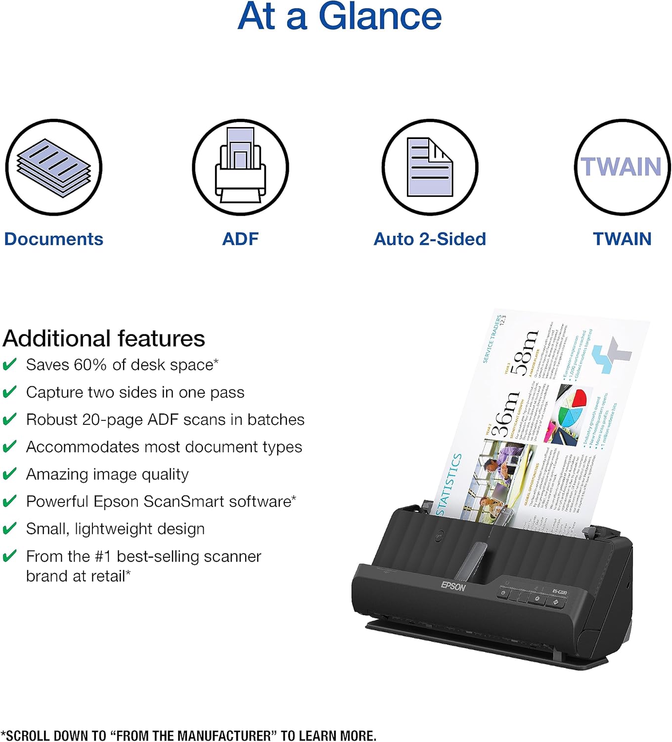 Epson Workforce ES-C220 – Escáner compacto de documentos de escritorio con escaneo de 2 caras y alimentador automático de documentos (ADF) para PC y