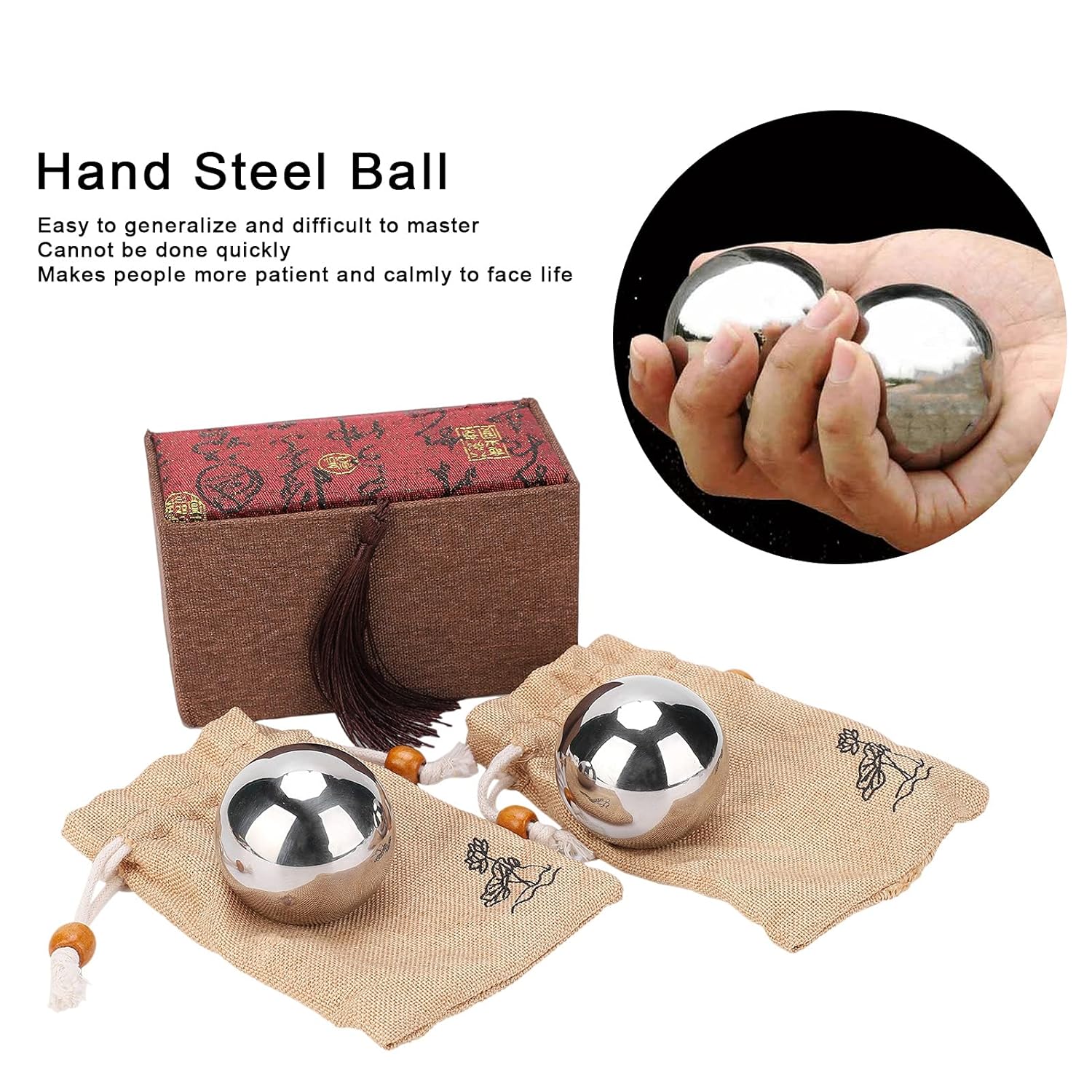 Bola de acero de mano, 2 bolas de acero de mano, bolas de baoding de acero inoxidable, bolas de meditación, utilizadas para recuperación de función