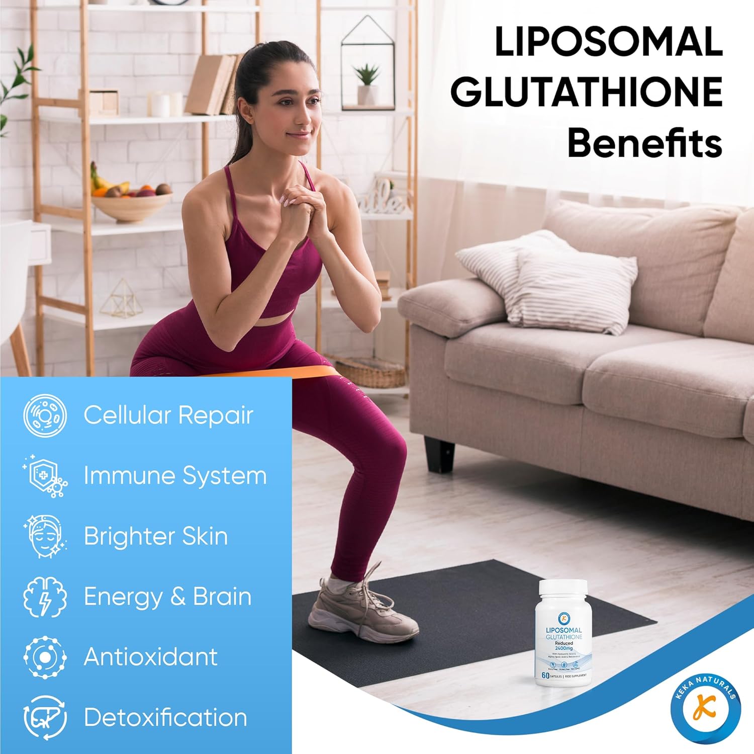 Keka Naturals Cápsulas blandas de glutatión liposomal de 2400 MG, absorción máxima, forma activa reducida de L-glutatión (GSH), con ácido