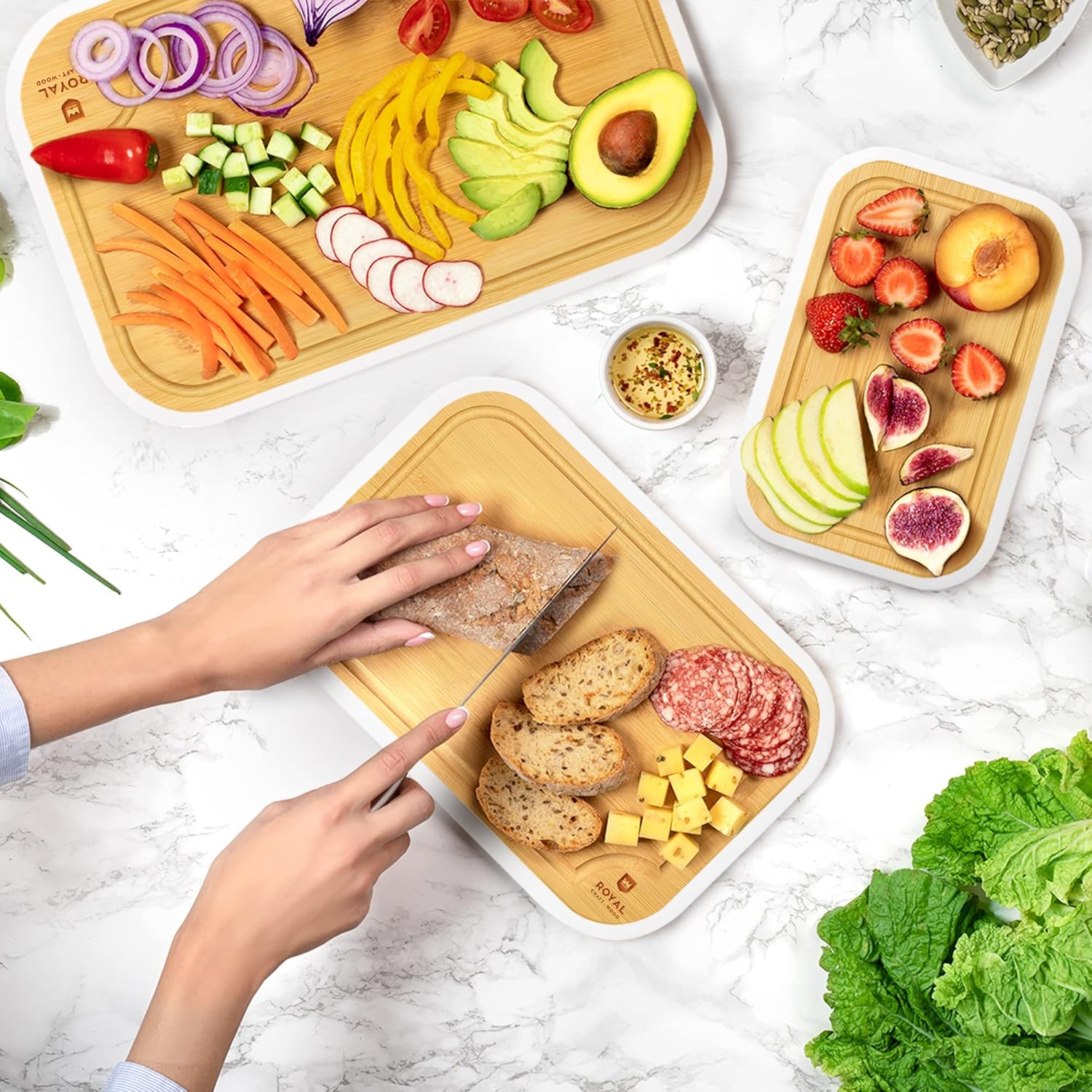 Juego de tablas para cortar de bambú para cocina con ranura de líquidos (3 piezas) para carne, queso y verduras, color blanco
