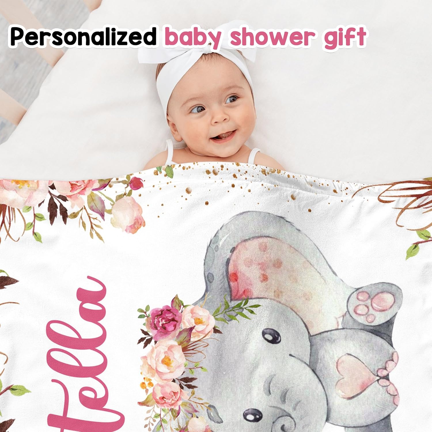 J&SBGFT Manta personalizada para bebé niña, manta de bebé personalizada, manta de envoltura con nombre de niña, mantas de recepción de elefante,