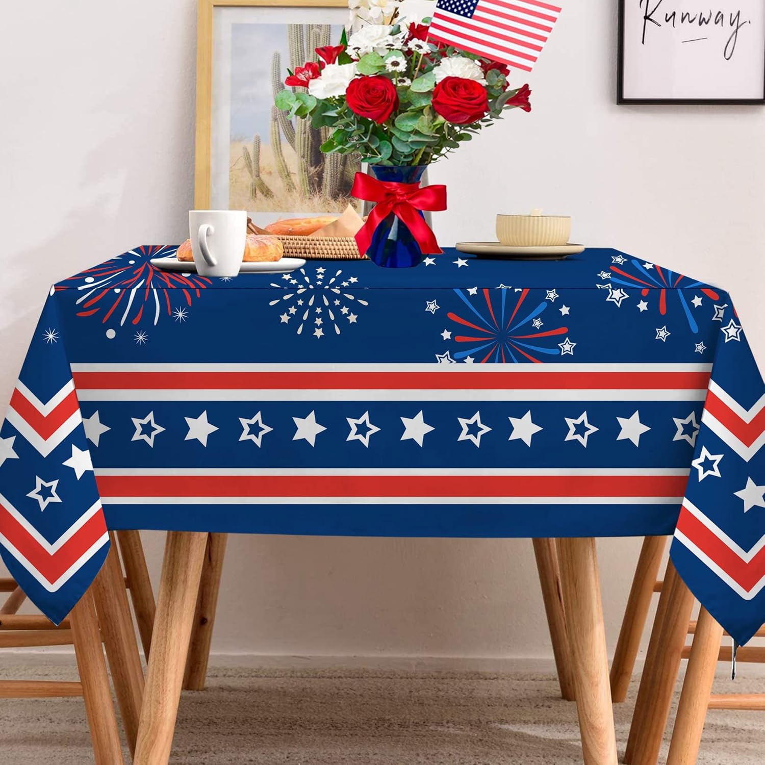 Hexagram Mantel del 4 de julio, mantel rectangular de bandera estadounidense de 52 x 70 pulgadas, estrellas rojas y azules para interiores o