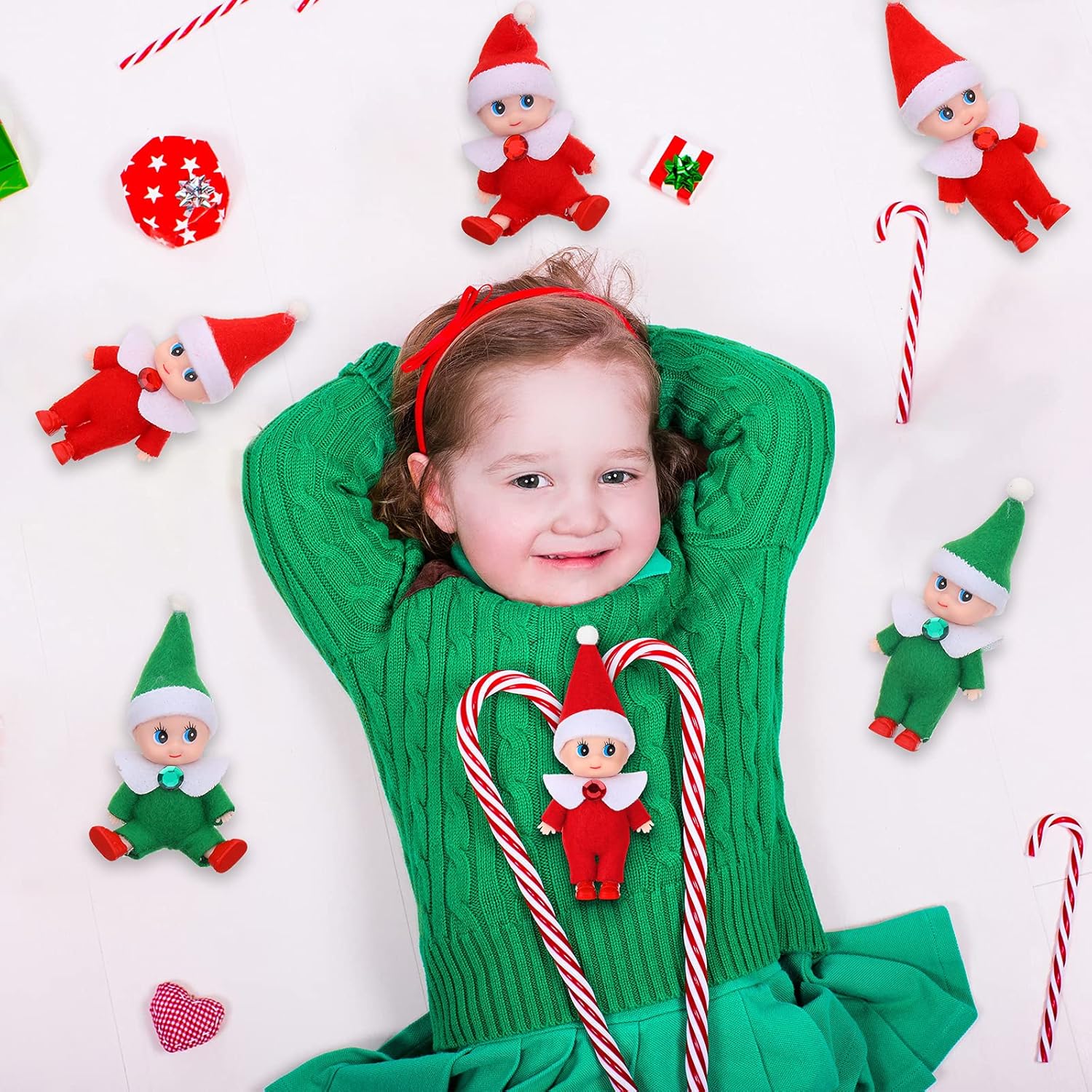 6 muñecas de elfo de Navidad para bebé, gemelos, juguetes para niños y niñas, accesorios en miniatura de Navidad para Año Nuevo (rojo, verde)