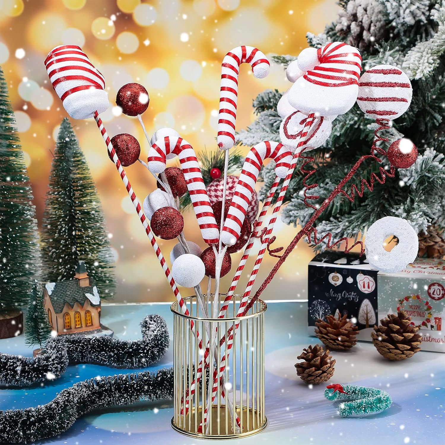 6 púas de adornos de Navidad, decoraciones de árbol de Navidad, guantes de sombrero de Papá Noel, bolas de bayas en palos para árbol de Navidad,