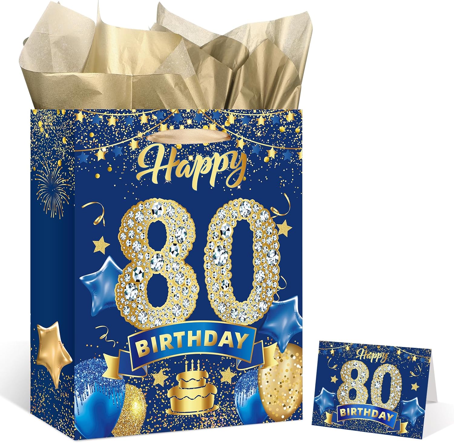 Bolsa de regalo azul para cumpleaños de 80 años, grande, azul marino y dorado, bolsa de regalo de feliz cumpleaños con tarjeta y 3 piezas de papel