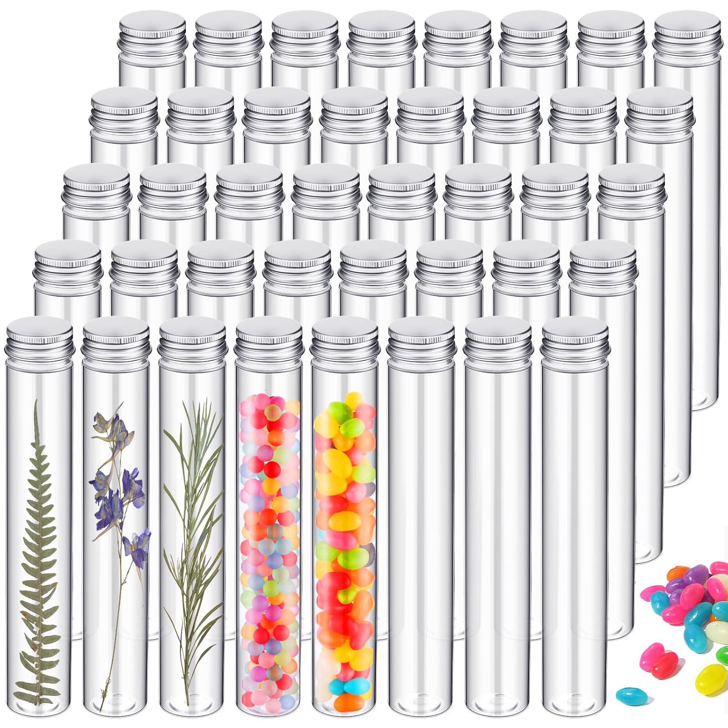 Xuhal 40 tubos de ensayo de plástico de 3.9 fl oz con tapas, tubos de goma de 1.181 x 7.283 in como recipientes de almacenamiento para dulces,