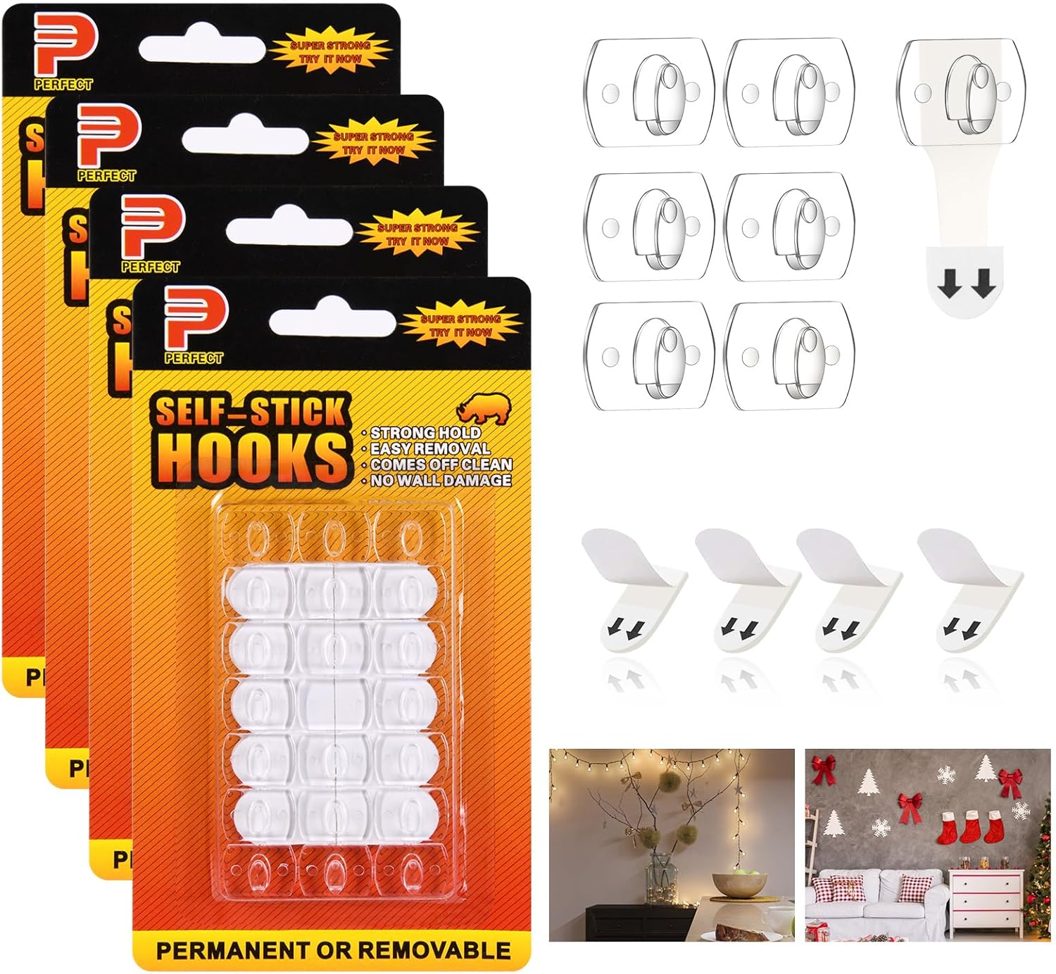 Paquete de 4 mini clips de luz para interiores, ganchos de cadena de luces colgantes de Navidad sin daños con tiras adhesivas, clips de pared