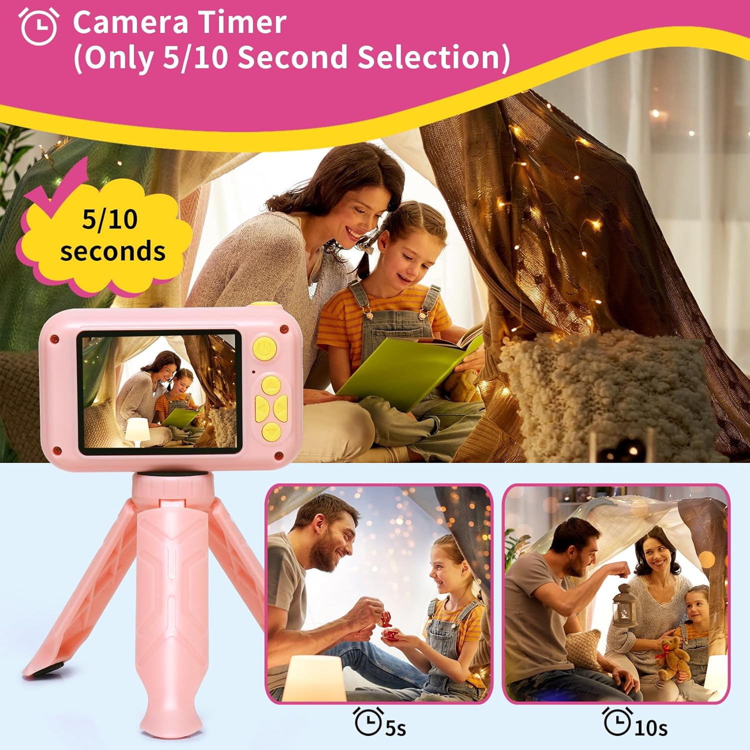Cámara para niños, cámara digital con pantalla IPS de 2.4 pulgadas, cámara de lente abatible de 180, cámara selfie para niños con juego de
