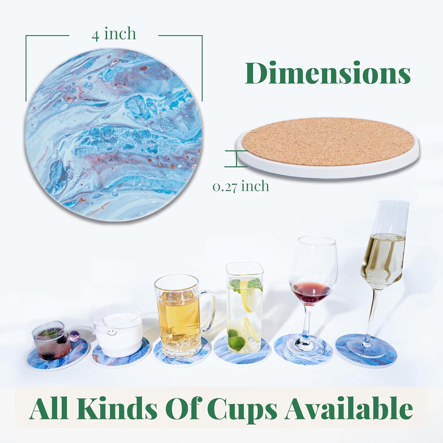 Posavasos para bebidas con base de corcho, posavasos absorbentes de piedra cerámica para sostener tazas, tazas o vasos, decoración del hogar estilo