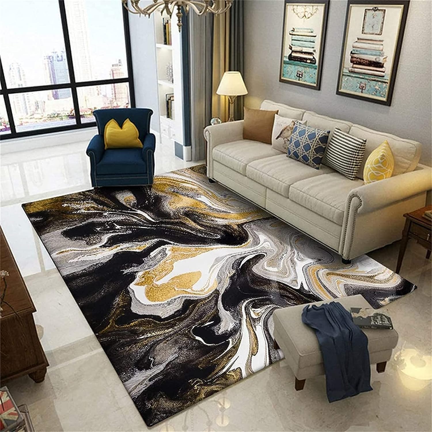 Alfombra de lujo con diseño de mármol dorado y gris, para decoración del hogar, antideslizante, de fácil cuidado, adecuada para sala de estar,
