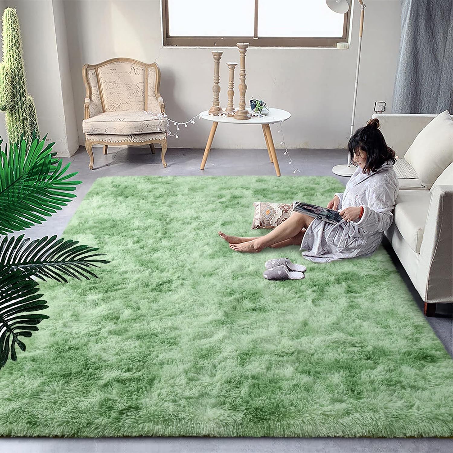 DweIke – Alfombras esponjosas para dormitorio, sala de estar, alfombras de interior de 4 x 6 pies, alfombras peludas teñidas anudadas, color verde