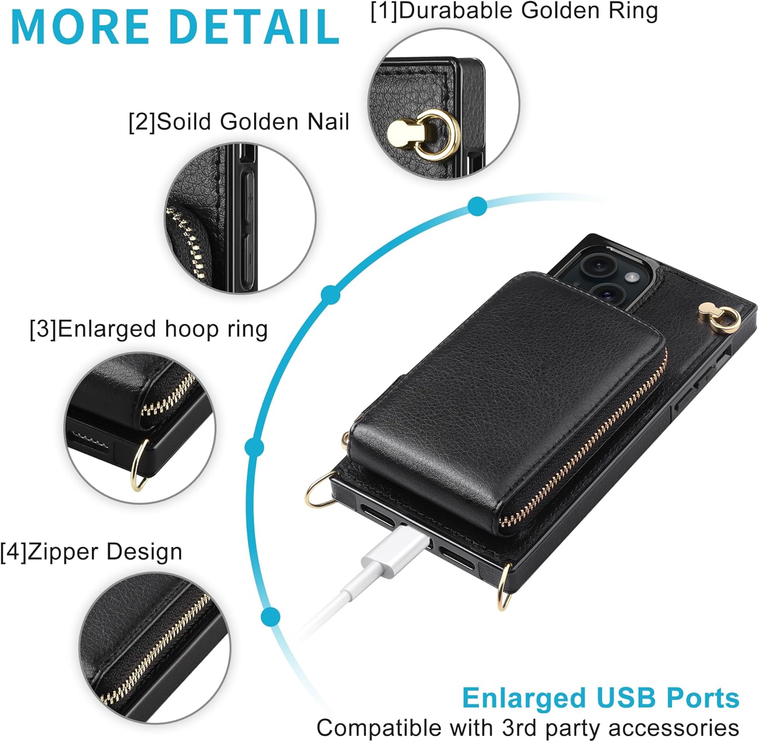 JAKPAK Funda compatible con iPhone 15, funda de piel con cremallera y tarjetero + protector de pantalla 3 unidades, funda protectora con cordón para