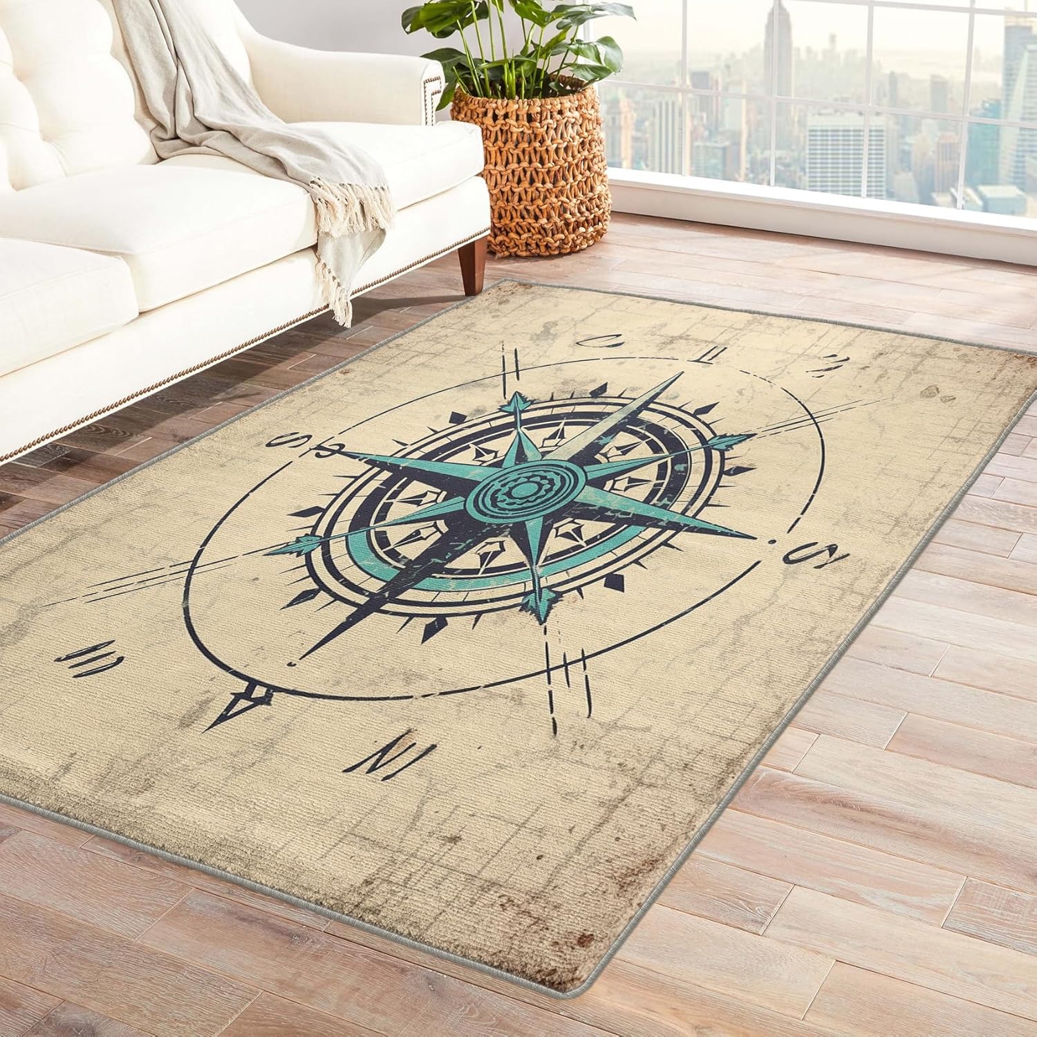 Alfombra de brújula y decoración del hogar, alfombra náutica de 3 x 5 pies, alfombras náuticas para entrada, sala de estar, dormitorio, alfombra