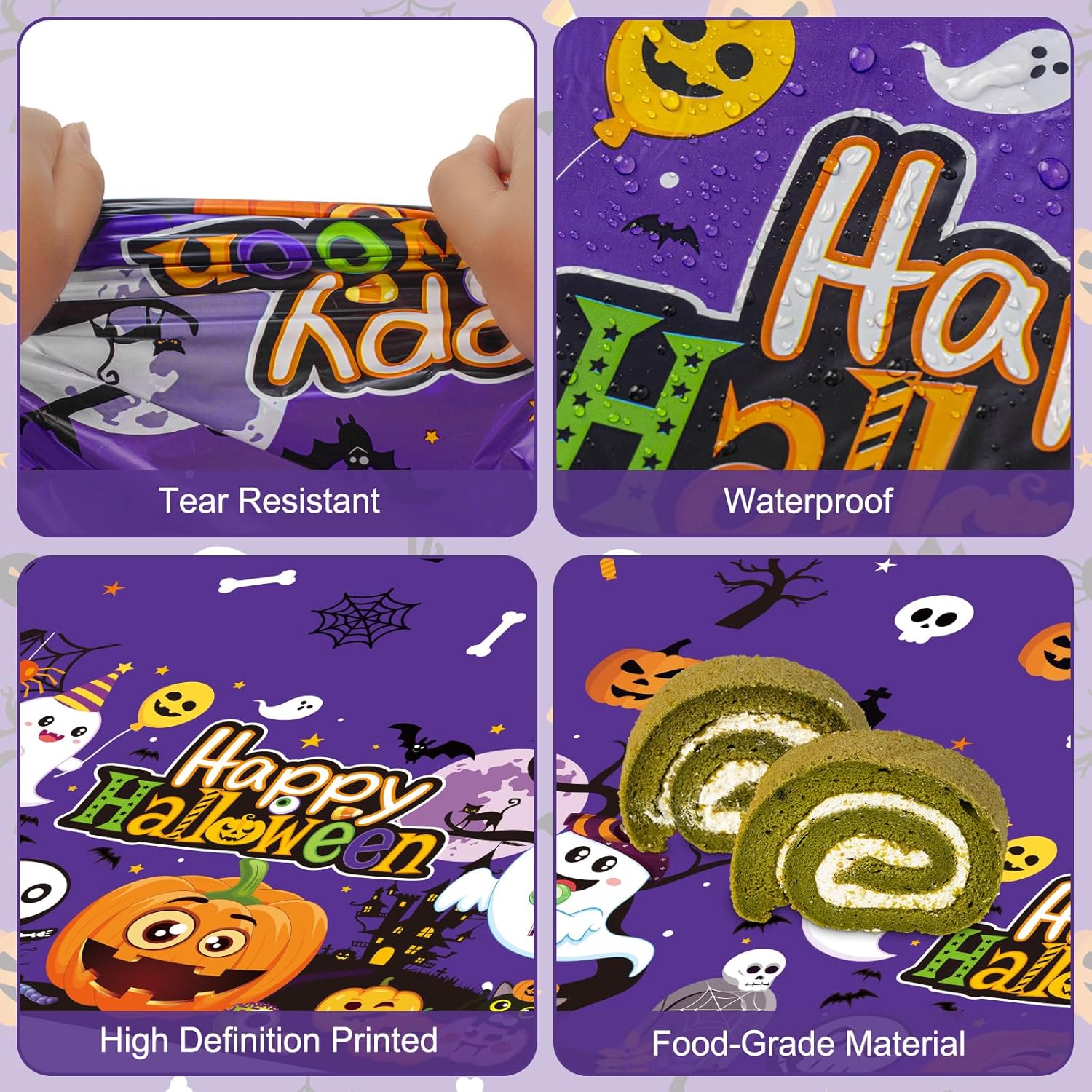 3 manteles de Halloween  Mantel de plástico con diseño de calabaza y fantasma, desechable, rectangular, color morado, para decoración de mesa de