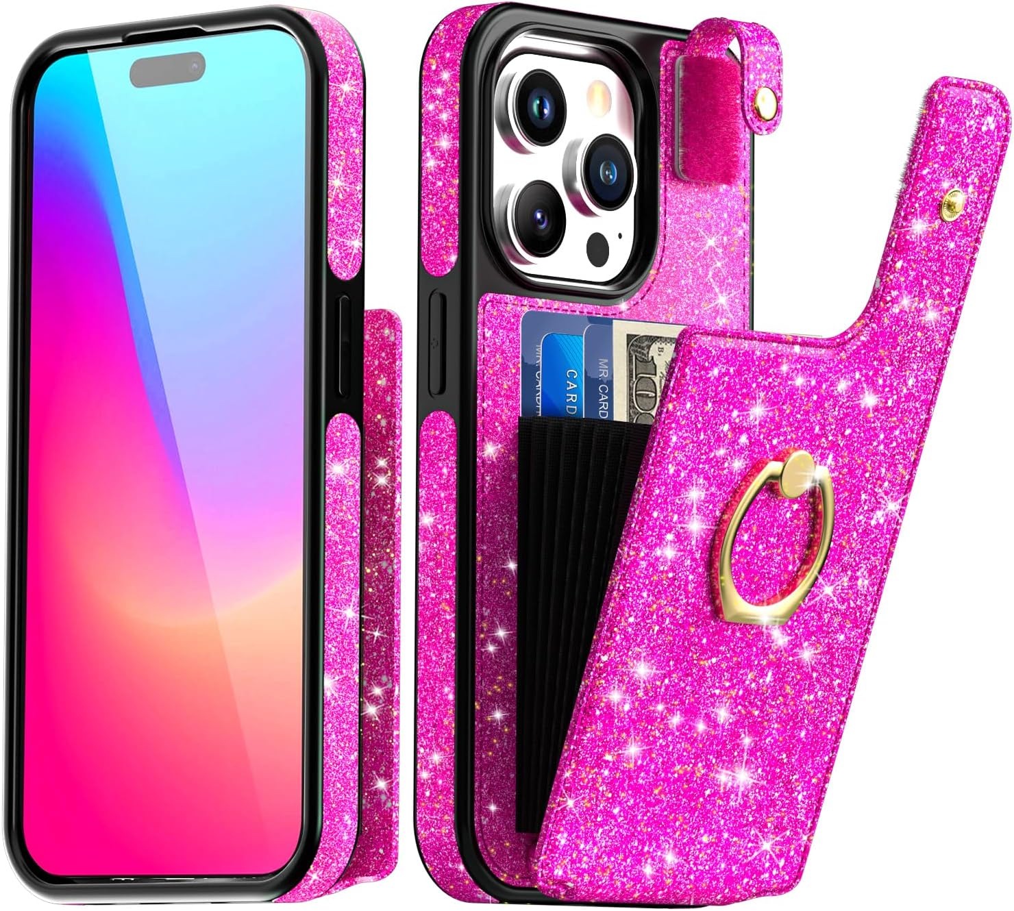 AICase Funda para tarjetas compatible con iPhone 15 Pro, funda protectora brillante con purpurina para mujer con soporte de anillo y 8 ranuras para