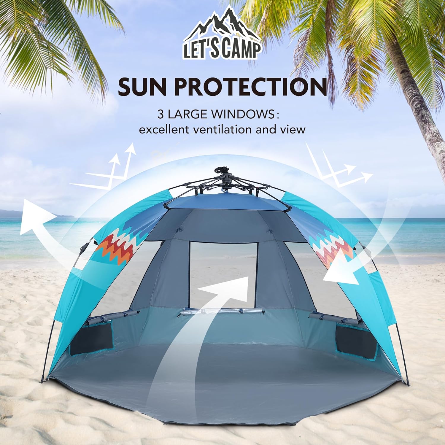 LET’S CAMP Tienda de campaña de playa desplegable para 2 personas, refugio solar de fácil instalación, protección UV con porche con cremallera