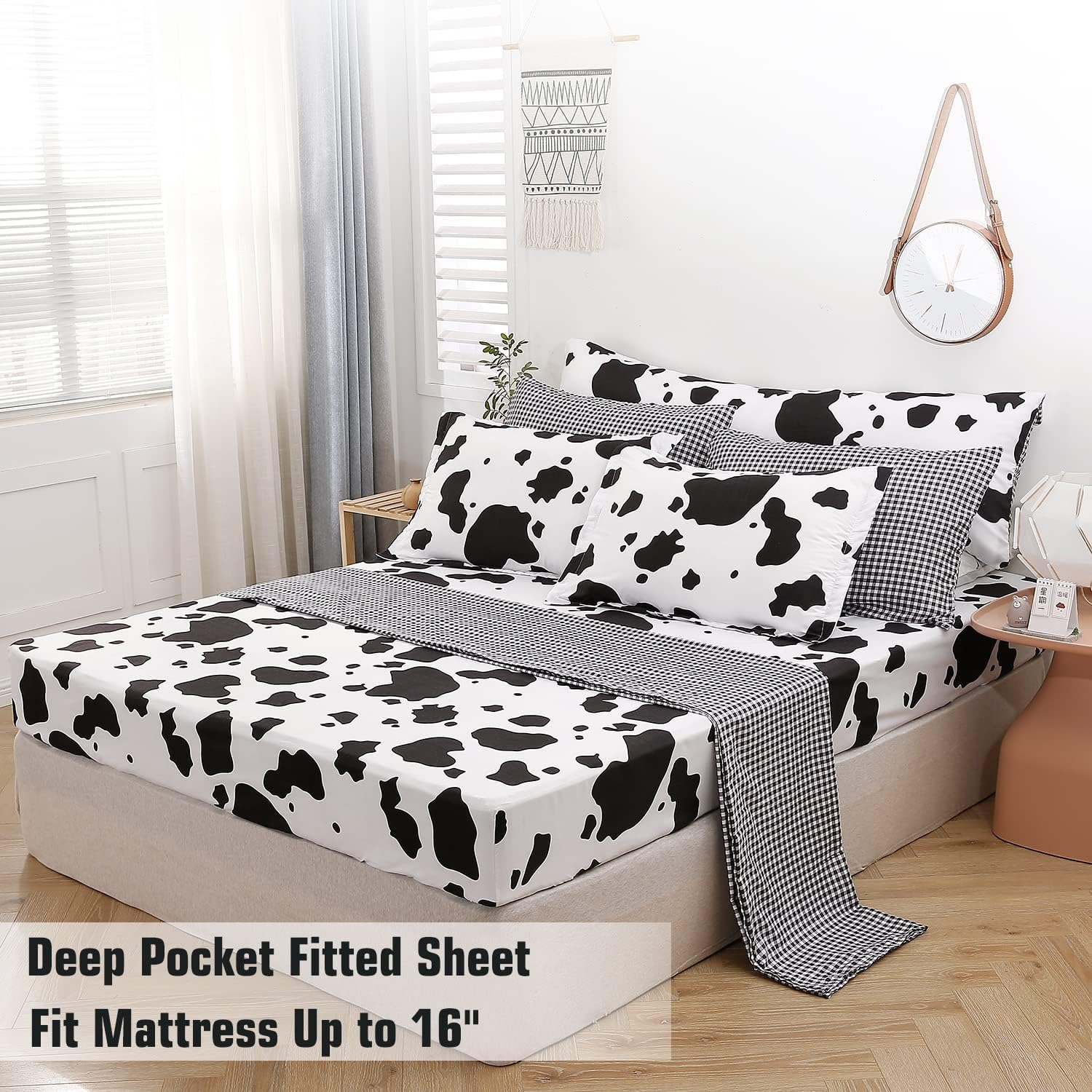 SUCSES Juego de edredón tamaño individual con sábanas de 8 piezas con estampado de vaca, ropa de cama de piel de vaca en una bolsa para niños y