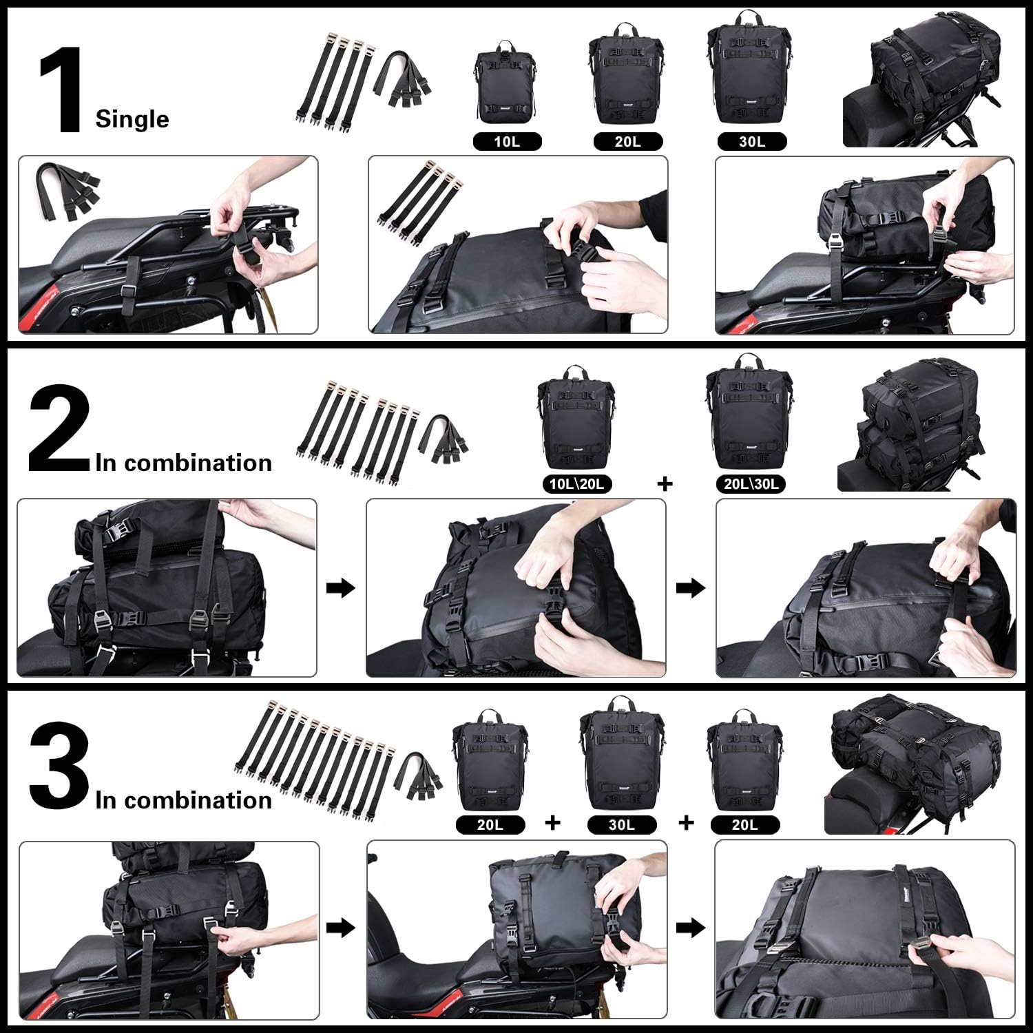 Rhinowalk Bolsa trasera para motocicleta, bolsa de alforja de motor, estante trasero, tronco, accesorios de motor profesionales, impermeable, bolsa