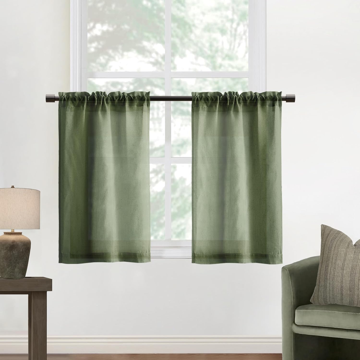 XTMYI Cortinas pequeñas de lino verde oliva de 36 pulgadas de largo, con bolsillo para cortinero, cortinas cortas semitransparentes para media