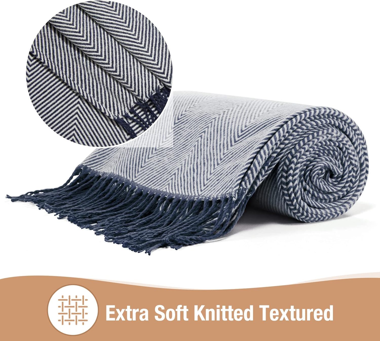 VEEYOO Manta azul marino, ligera, extra suave, para sofá, decoración de borlas, manta de punto para dormitorio, oficina, regalo, manta de viaje de