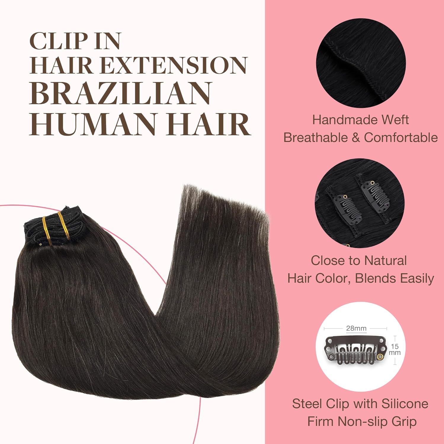 GOO GOO – Extensiones de cabello humano con clip, color castaño oscuro de 16 pulgadas, 7 piezas de 4.23oz, extensiones de cabello humano Remy liso
