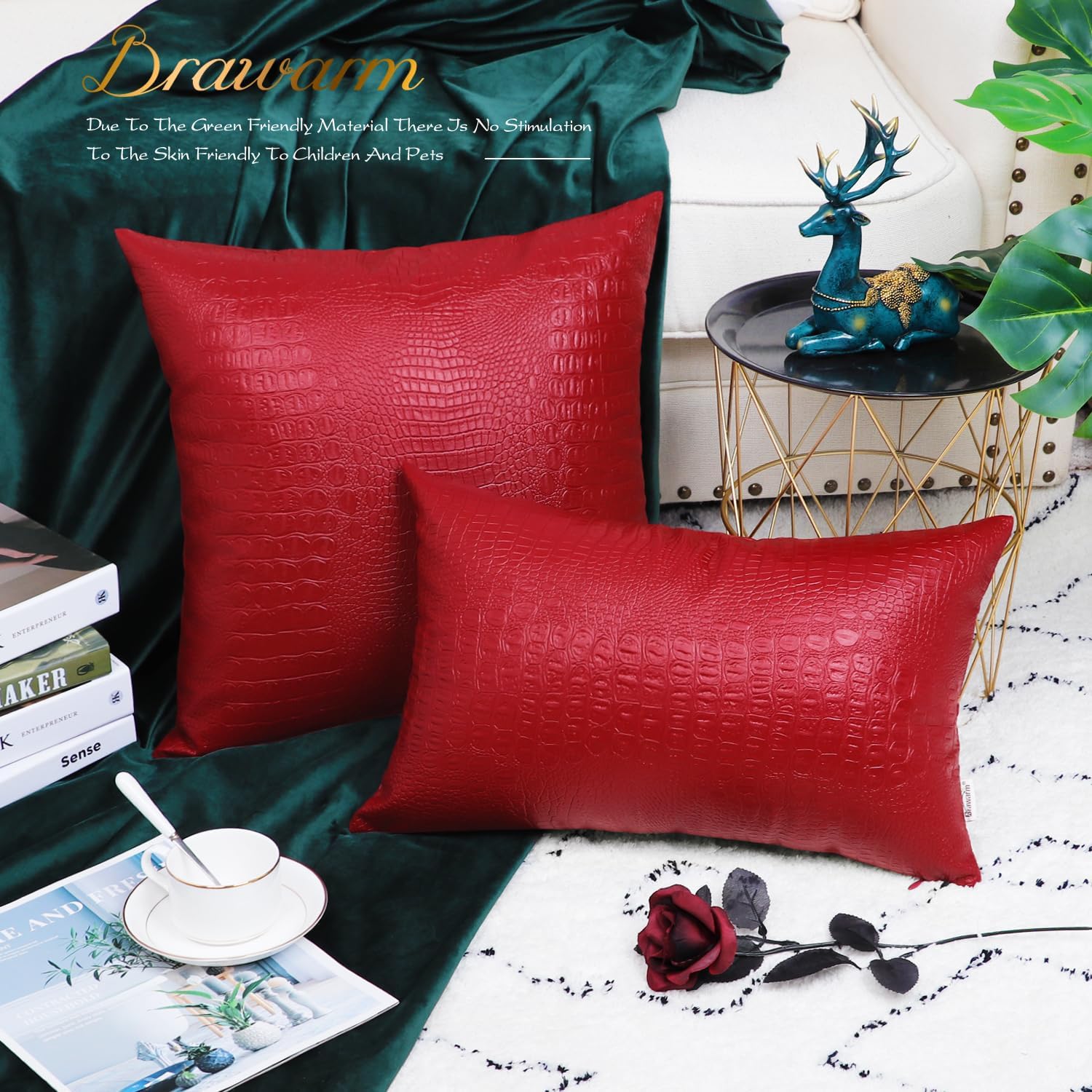 Juego de 2 fundas de almohada BRAWARM para sofá, decoración del hogar, color liso y suave de piel sintética de cocodrilo en ambos lados.