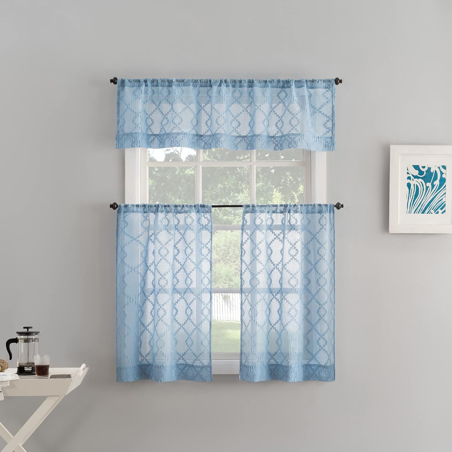 No. 918 Tina – Juego de cenefas y niveles de cortina de cocina semitransparentes con recortes geométricos, 54 x 36 pulgadas, azul tranquilo