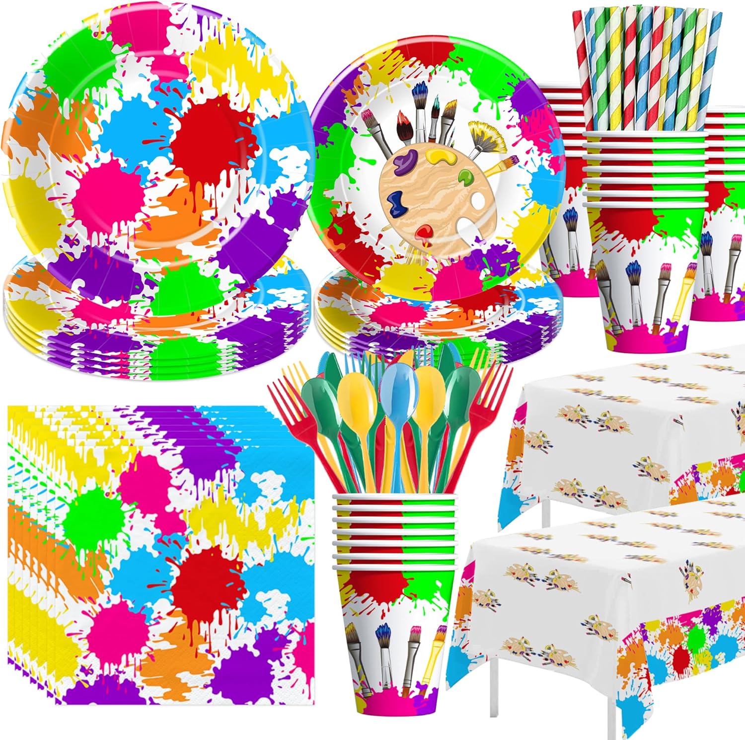 Vajilla de decoración de fiesta de arte, suministros para fiestas de pintura, plato de papel, taza, servilleta, mantel, cubiertos, pintura