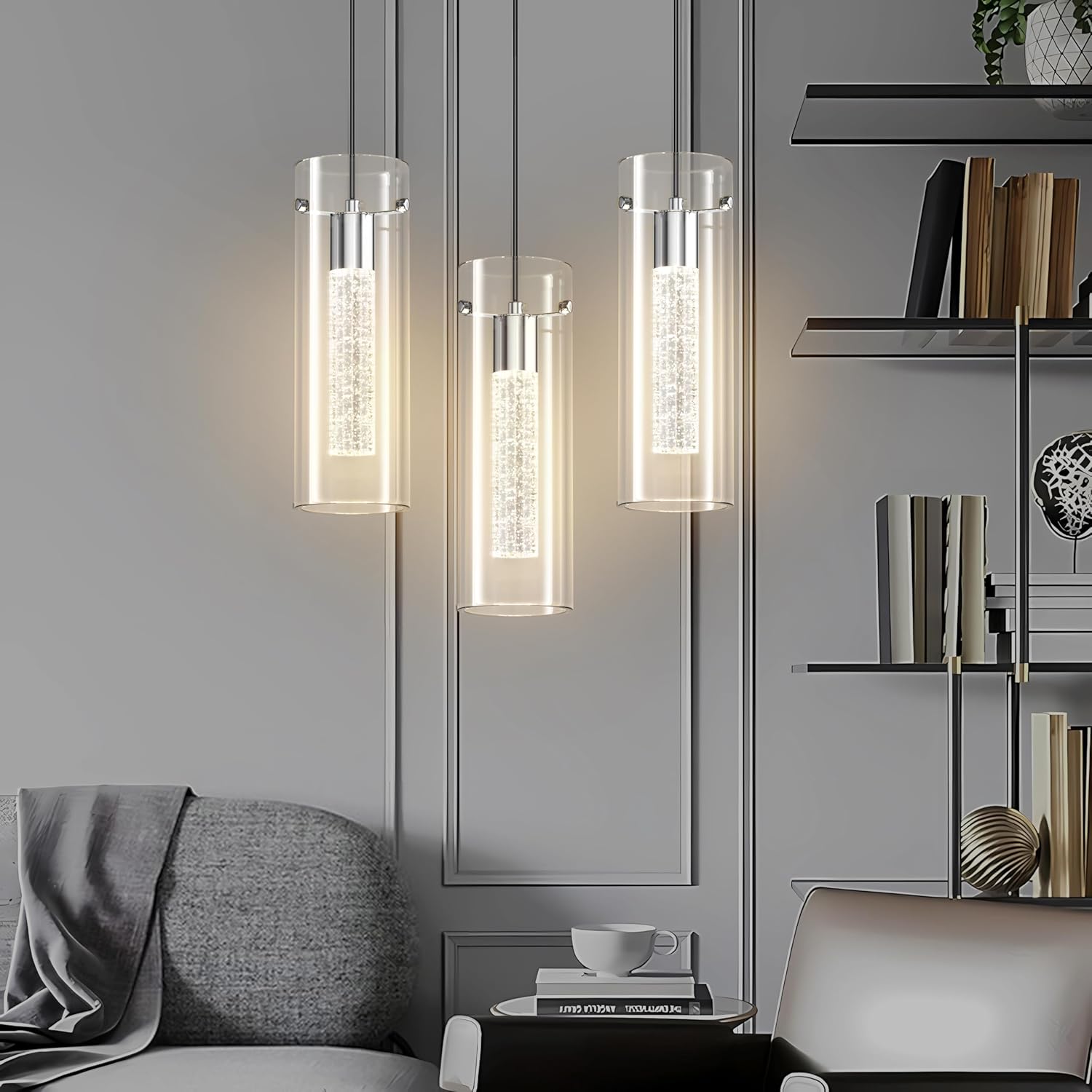 Aipsun Luces colgantes para isla de cocina, paquete de 3 lámparas colgantes de cristal con burbujas de cristal, 3000 K, lámpara LED moderna para