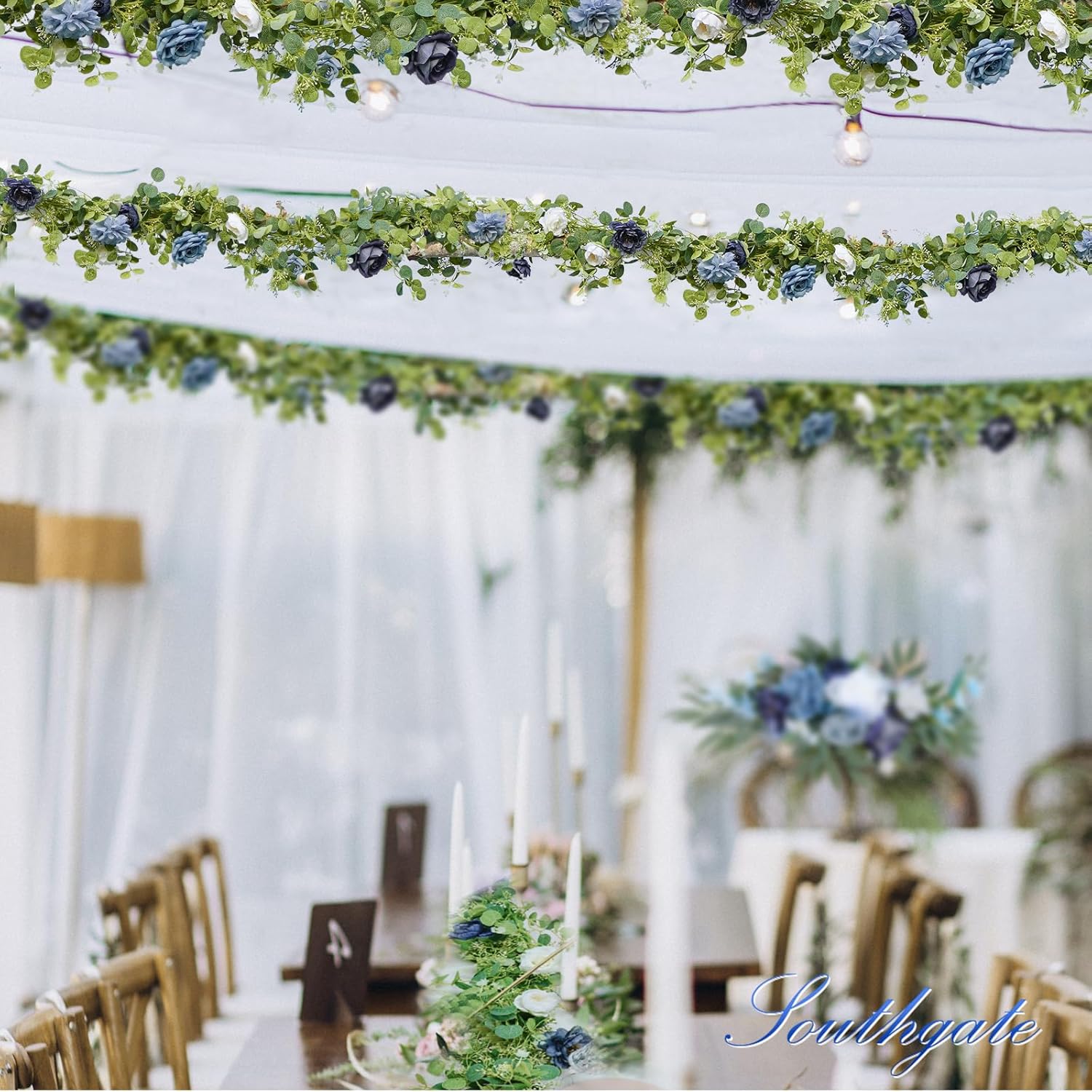 SOUTHGATE Guirnalda de eucalipto artificial de 6.9 pies con flores, flores de rosa, guirnalda de vides florales para decoración de fiestas, bodas,