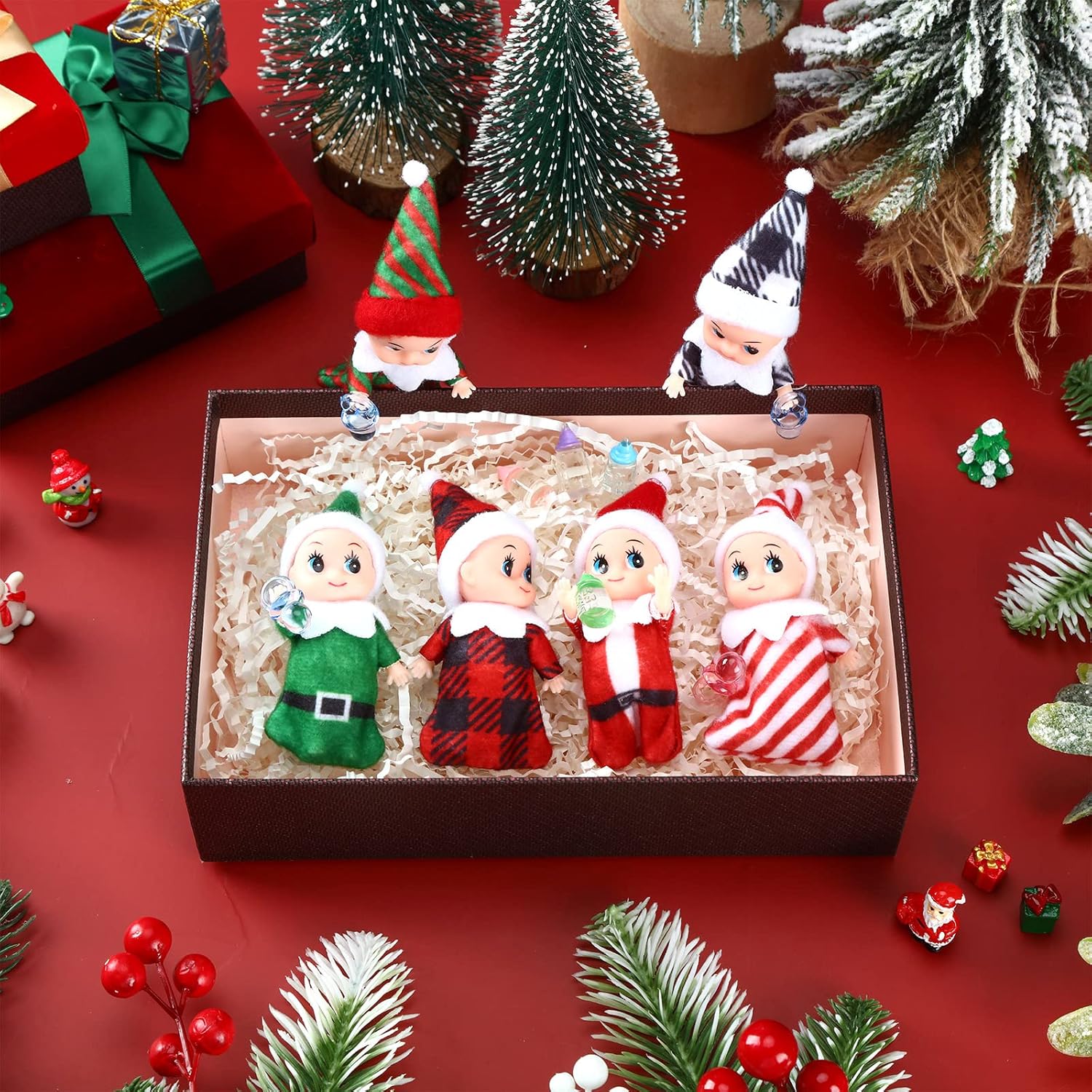 Juego de 18 muñecas elfas pequeñas, 6 elfos de Navidad, 6 botellas de leche de elfo y 6 chupetes de elfo, mini muñecas coloridas de felpa lindas