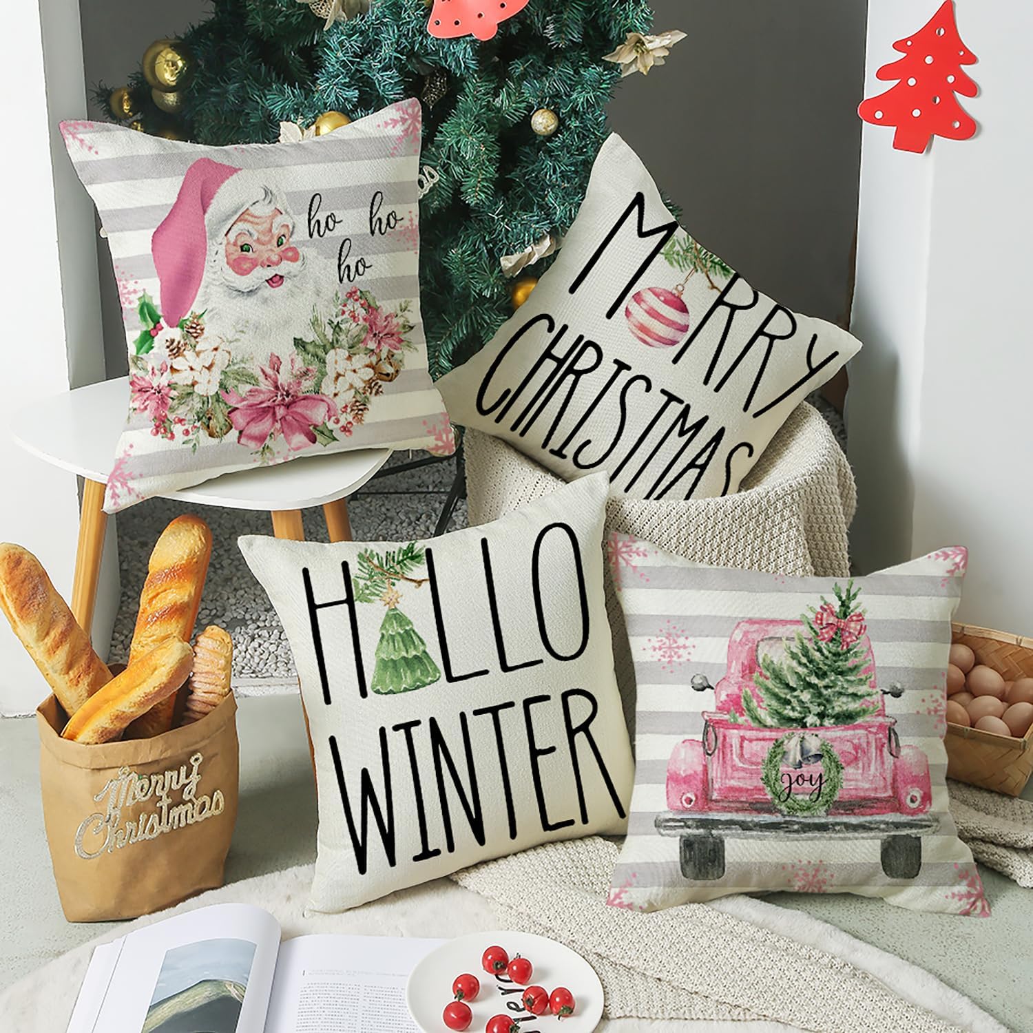 HOOLRO 4 fundas de almohada familiares de Navidad de 18 x 18 pulgadas, fundas de almohada de Navidad rosa con texto en inglés “Merry Winter”, fundas