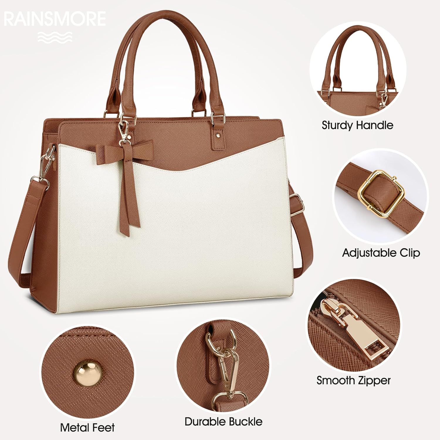 RAINSMORE Bolsa para laptop para mujer, 15.6 pulgadas, piel sintética, bolsa de trabajo profesional, para negocios, oficina, trabajo, impermeable,