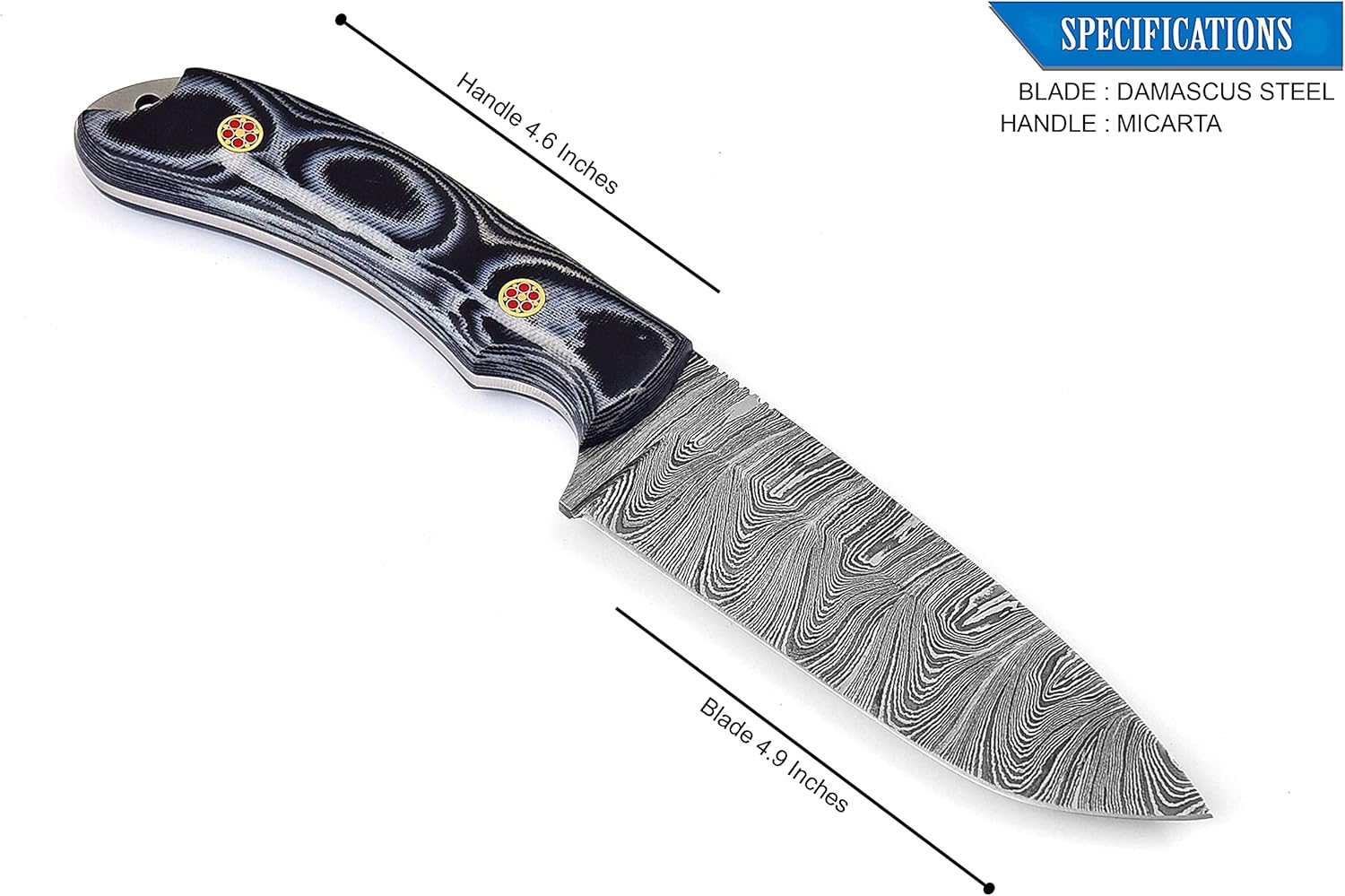 BG Knives Cuchillo de hoja fija de acero de Damasco hecho a mano de 9,5 “de longitud total para cazar, desollar con mango de micarta y funda de