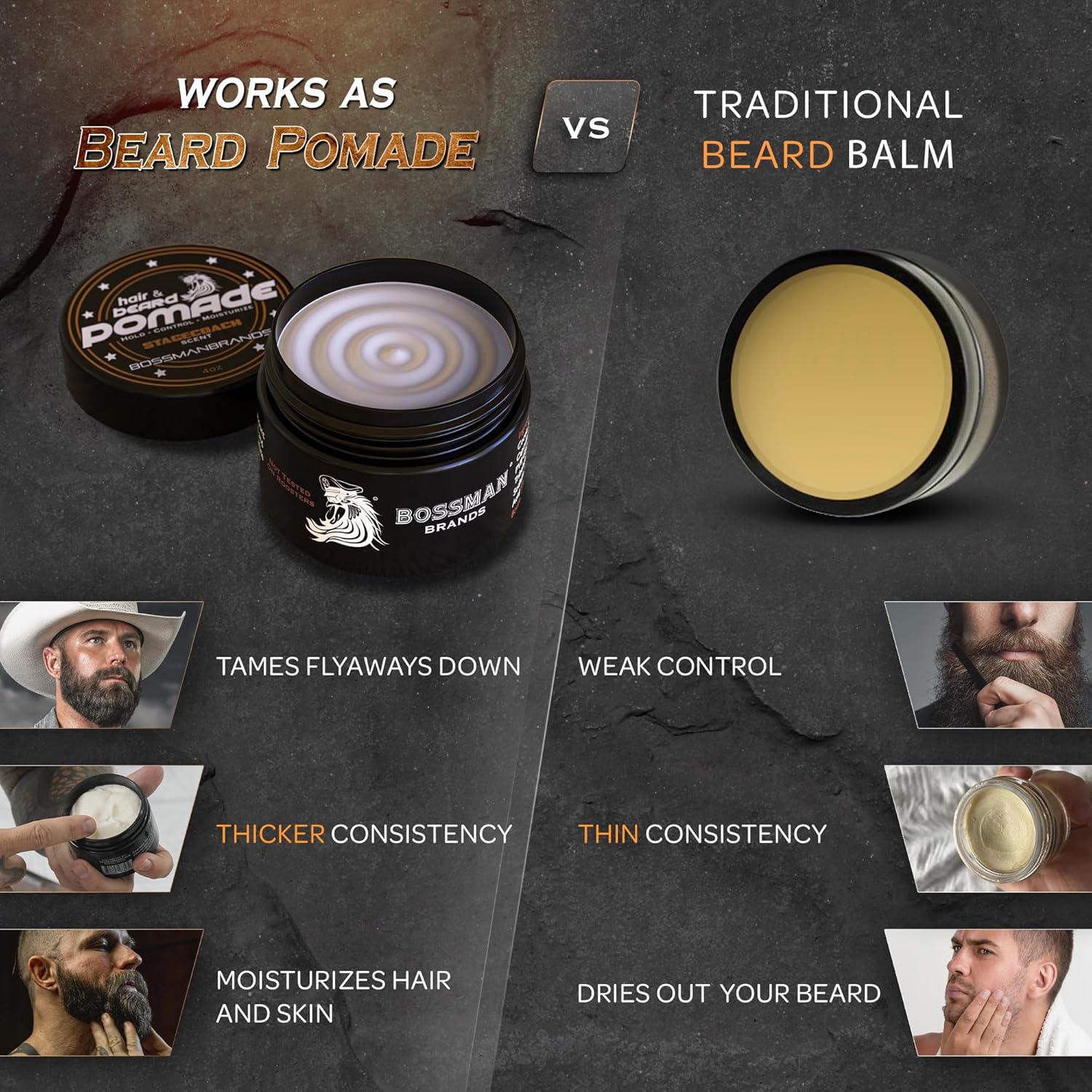 Bossman Pomada para el cabello y la barba sujeción más larga, control e hidratación para cabello, barba y bigote, producto para peinar el cabello,