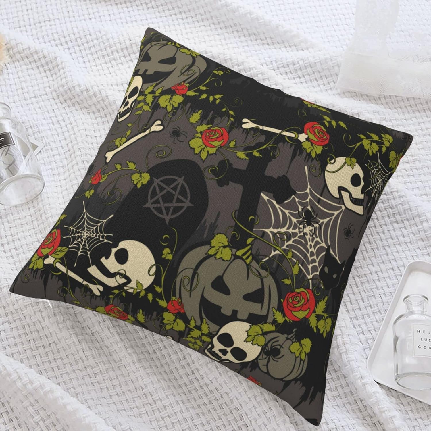 ALYYDFF Gothic Halloween with Red Roses Scary Fashion Throw Pillow Cover for Kids Pillow Case for Sofa Bed Chair Living Room Home Decorative Square