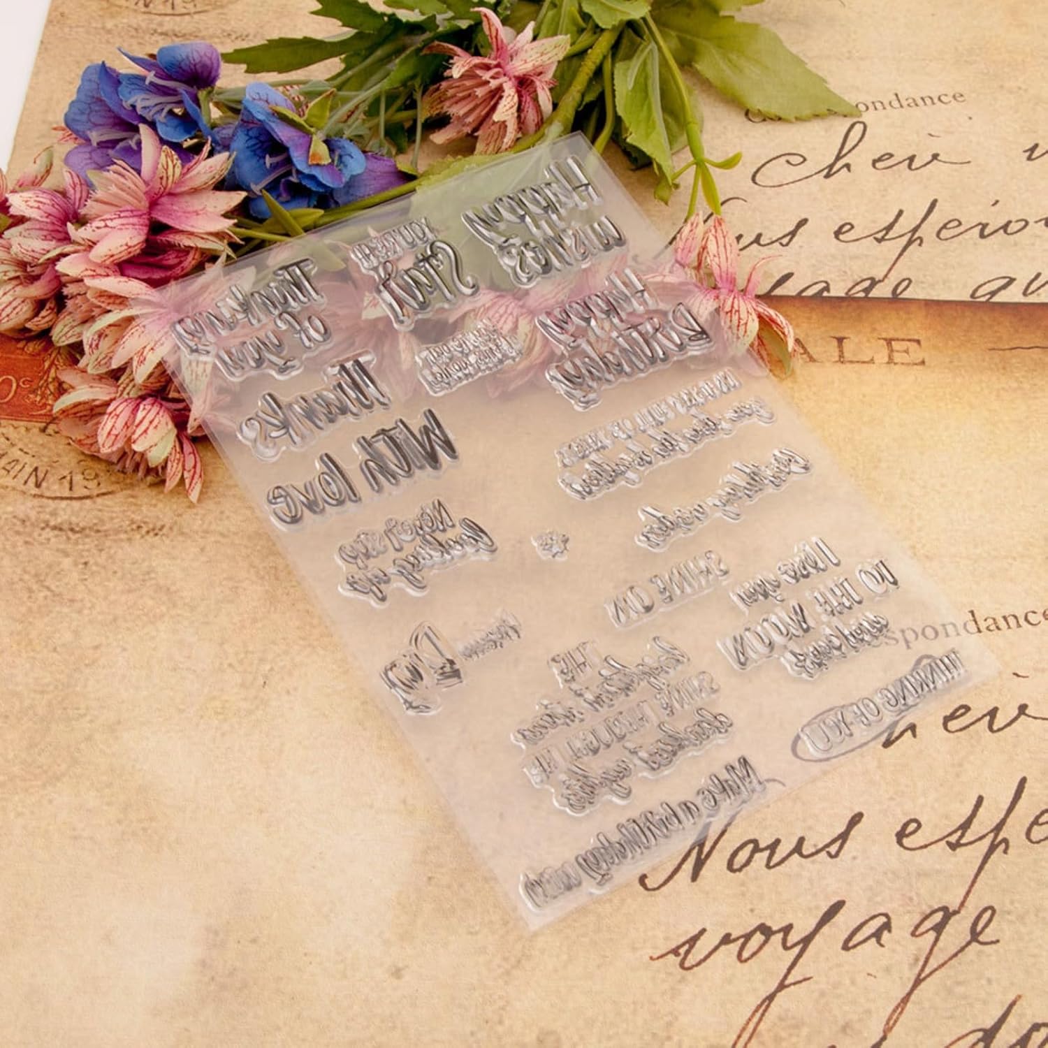 Arbuya Sellos transparentes para hacer tarjetas o escribir en diario, con palabras de cumpleaños, diseño de texto en inglés “Thank You”, sellos de
