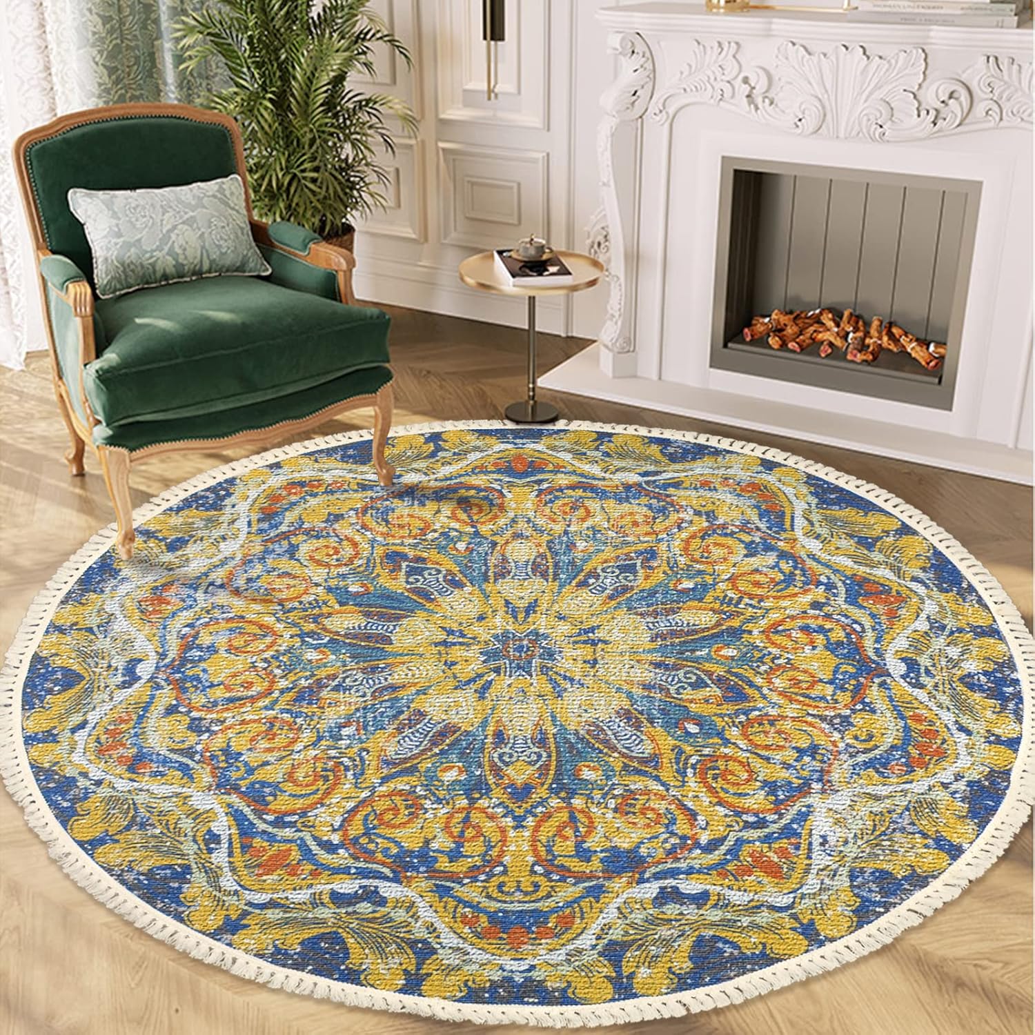Lacomfy Alfombra bohemia redonda de 5 pies antideslizante para dormitorio, alfombra de casa de campo, con mandala, para sala de estar, vestuario,