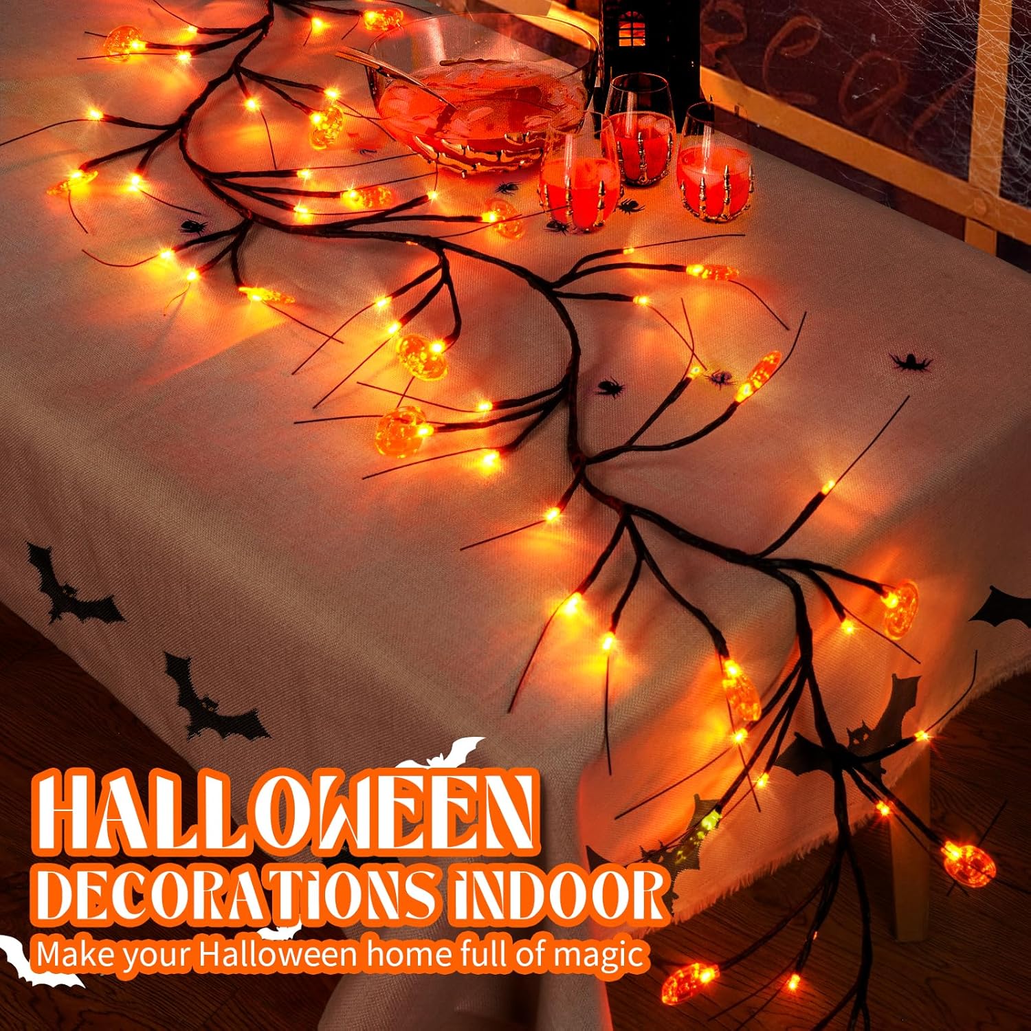 Guirnalda de Halloween de 6 pies con 54 luces LED con luces de sauce y vid de calabaza con temporizador, 8 modos, impermeable, naranja, luces de