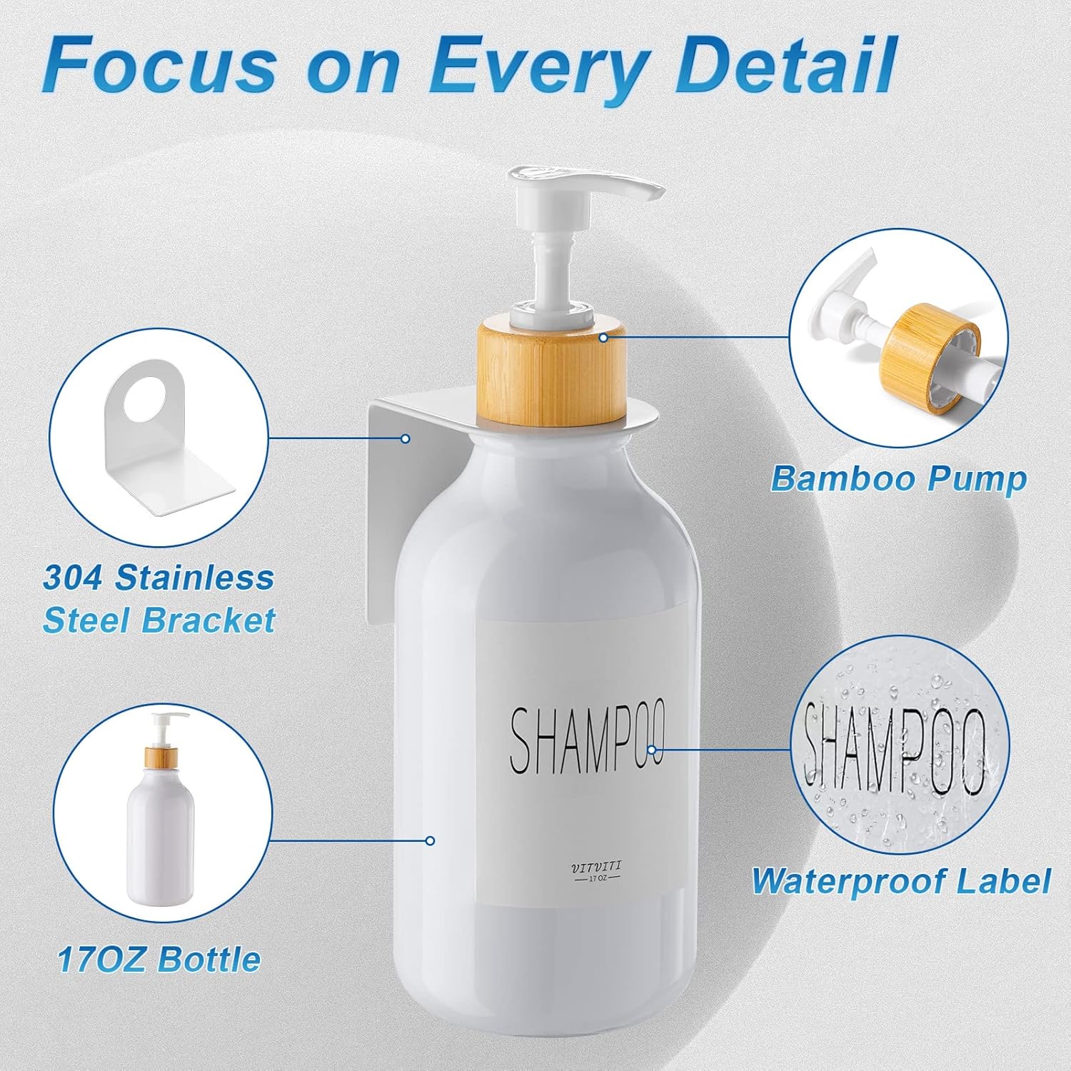 VITVITI Shampoo and Conditioner Dispenser, Body Wash Shower Soap Dispenser Wall Mounted 3 Chamber, Drill Free 17oz Plastic Shower Bottles for