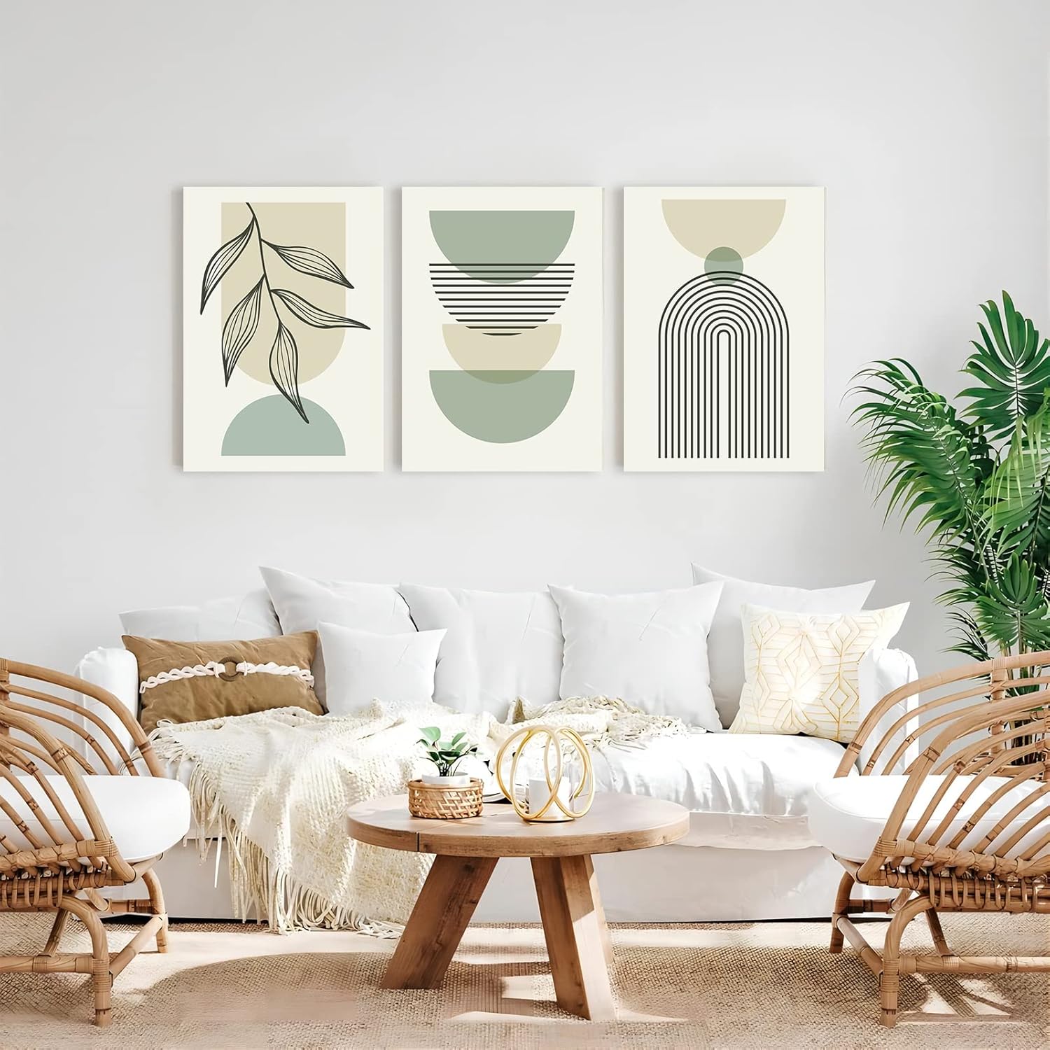 Juego de 3 arte de pared bohemio verde salvia, arte minimalista enmarcado para pared, arte de pared con líneas geométricas de hoja, lienzo beige y