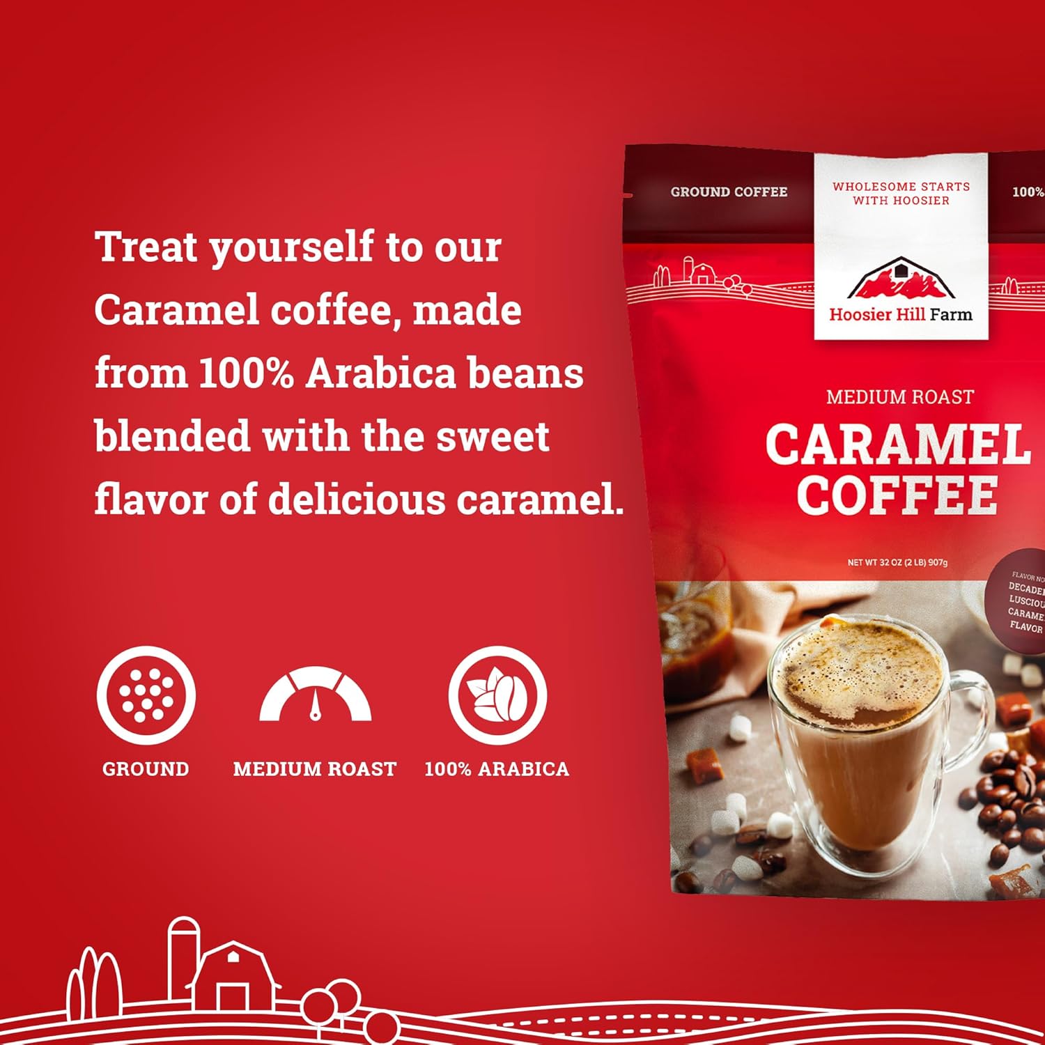 Hoosier Hill Farm Café molido con sabor a caramelo, tostado medio, 32 onzas (2 libras), bolsa resellable