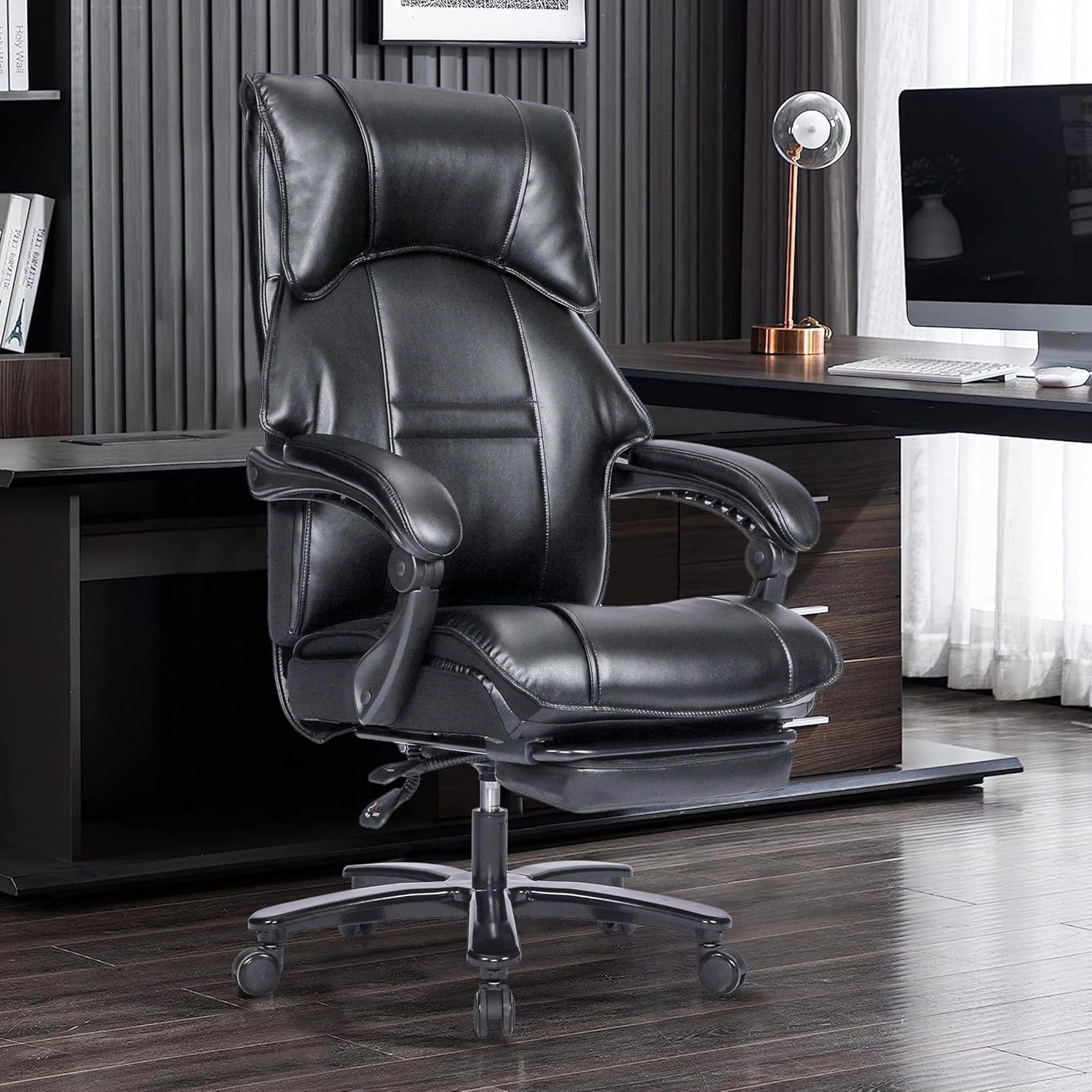 Bosmiller Silla de oficina grande y alta de 500 libras, asiento ancho para personas pesadas con ruedas silenciosas, base de metal resistente,