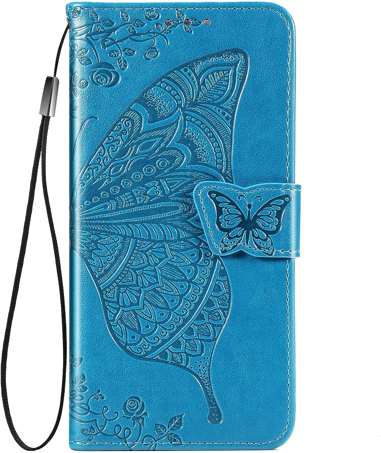 Funda tipo cartera para iPhone 15 Plus, con estampado de mariposas y flores en relieve, piel de primera calidad, con ranuras para tarjetas, funda