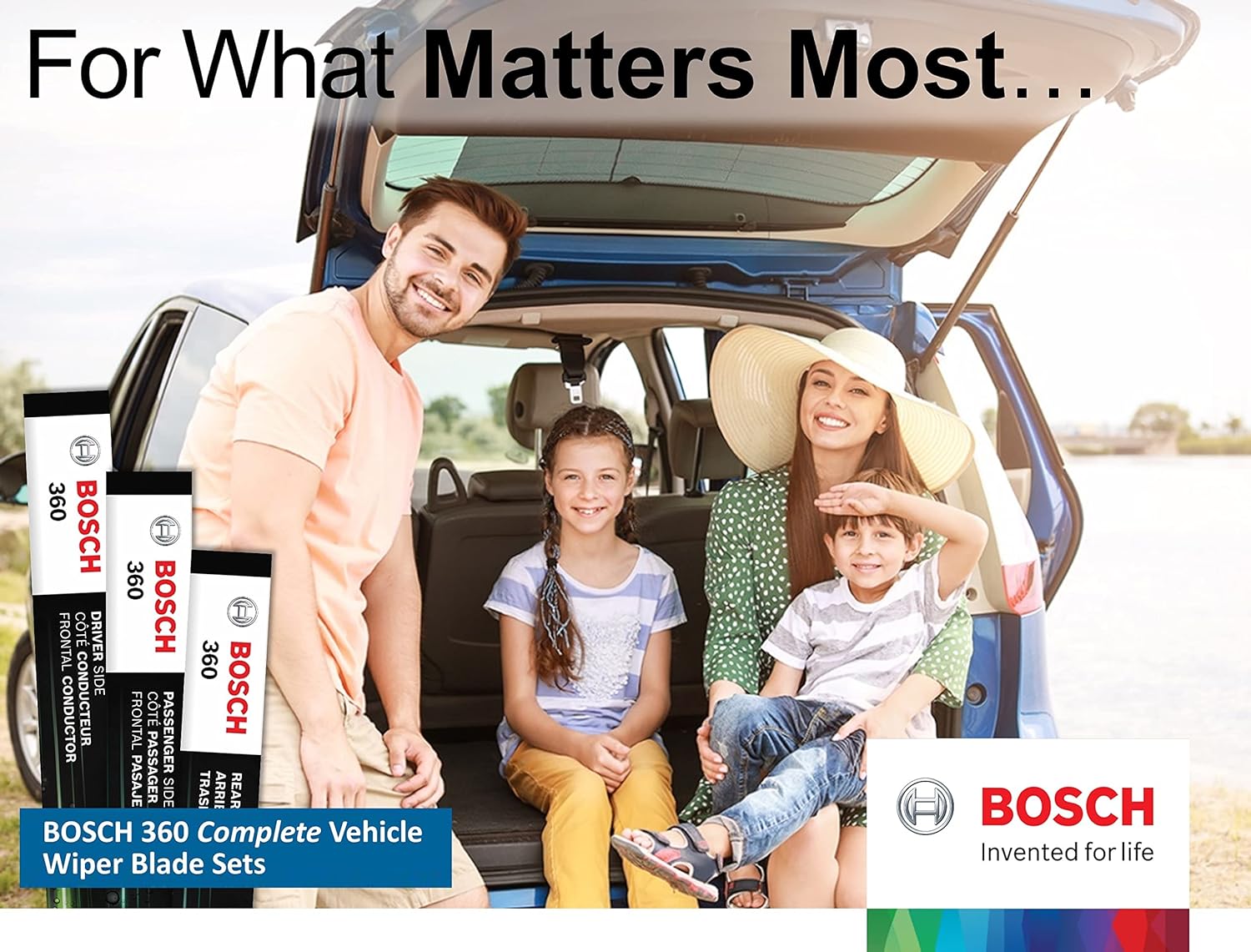 Bosch 360 – Kit completo de limpiaparabrisas para vehículo, incluye limpiaparabrisas delantero tipo haz (par) + limpiaparabrisas trasero (1) de