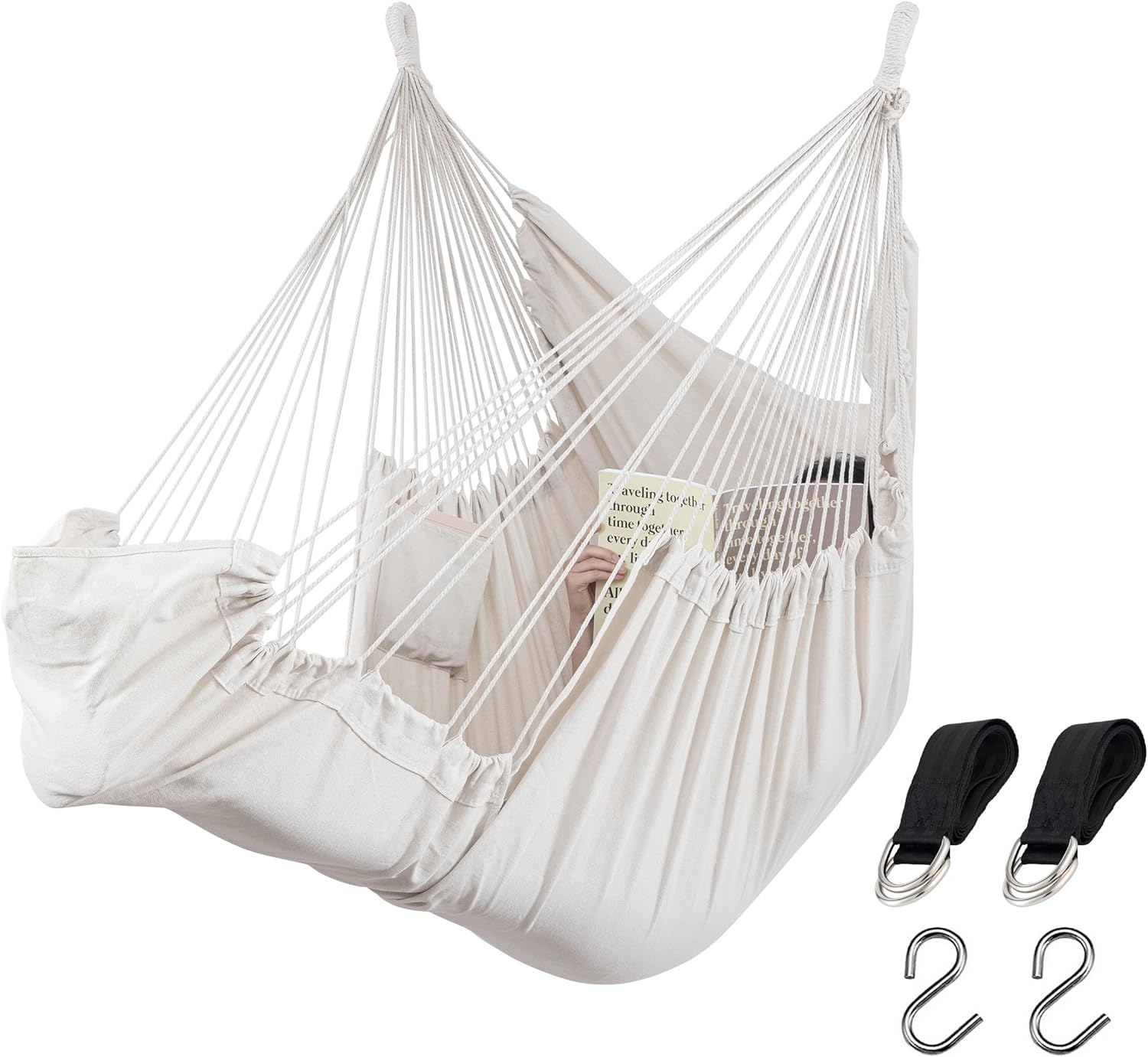 HBlife Hamaca extra de 500 libras, cómoda silla colgante de algodón, columpio para dormitorio, beige (sin varilla de metal) XXL