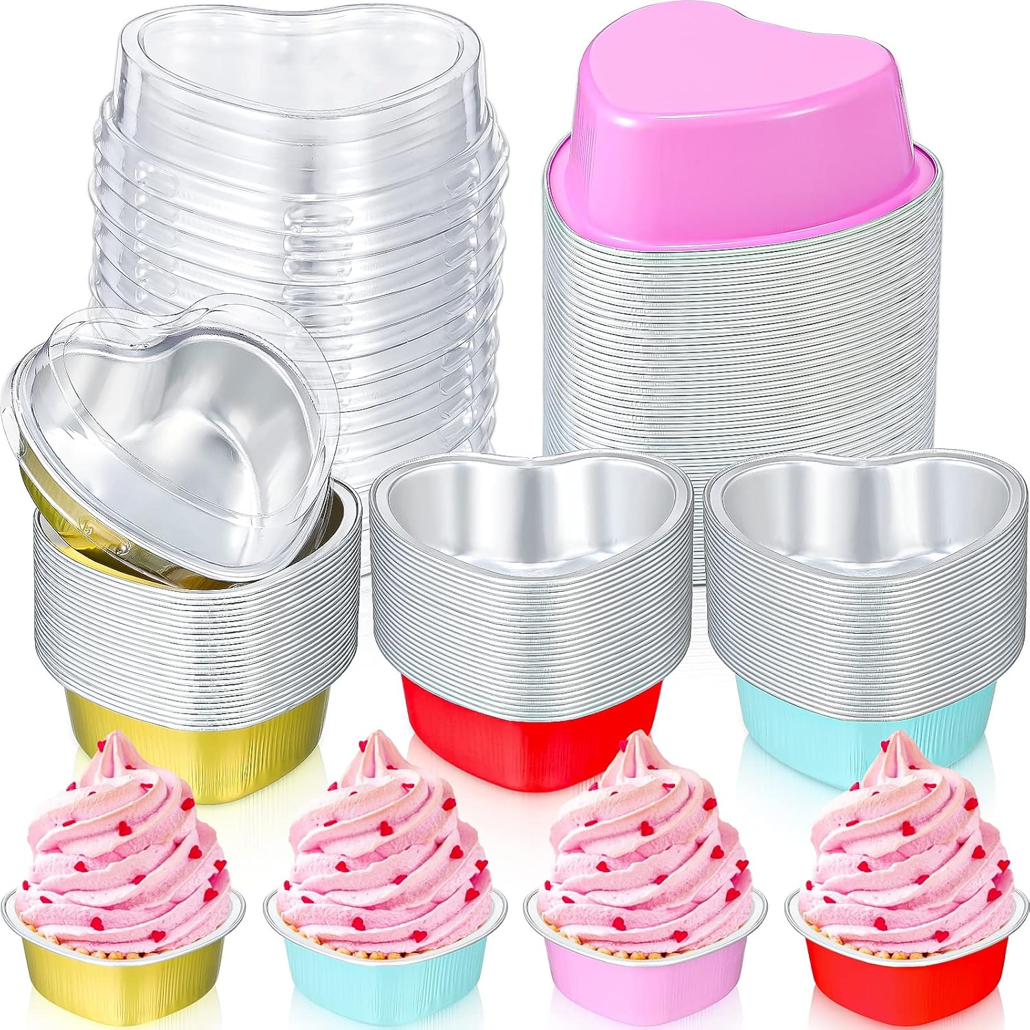 Paquete de 100 moldes para pasteles en forma de corazón con tapas, 3.4 onzas líquidas, papel de aluminio, para magdalenas, coloridos y desechables,