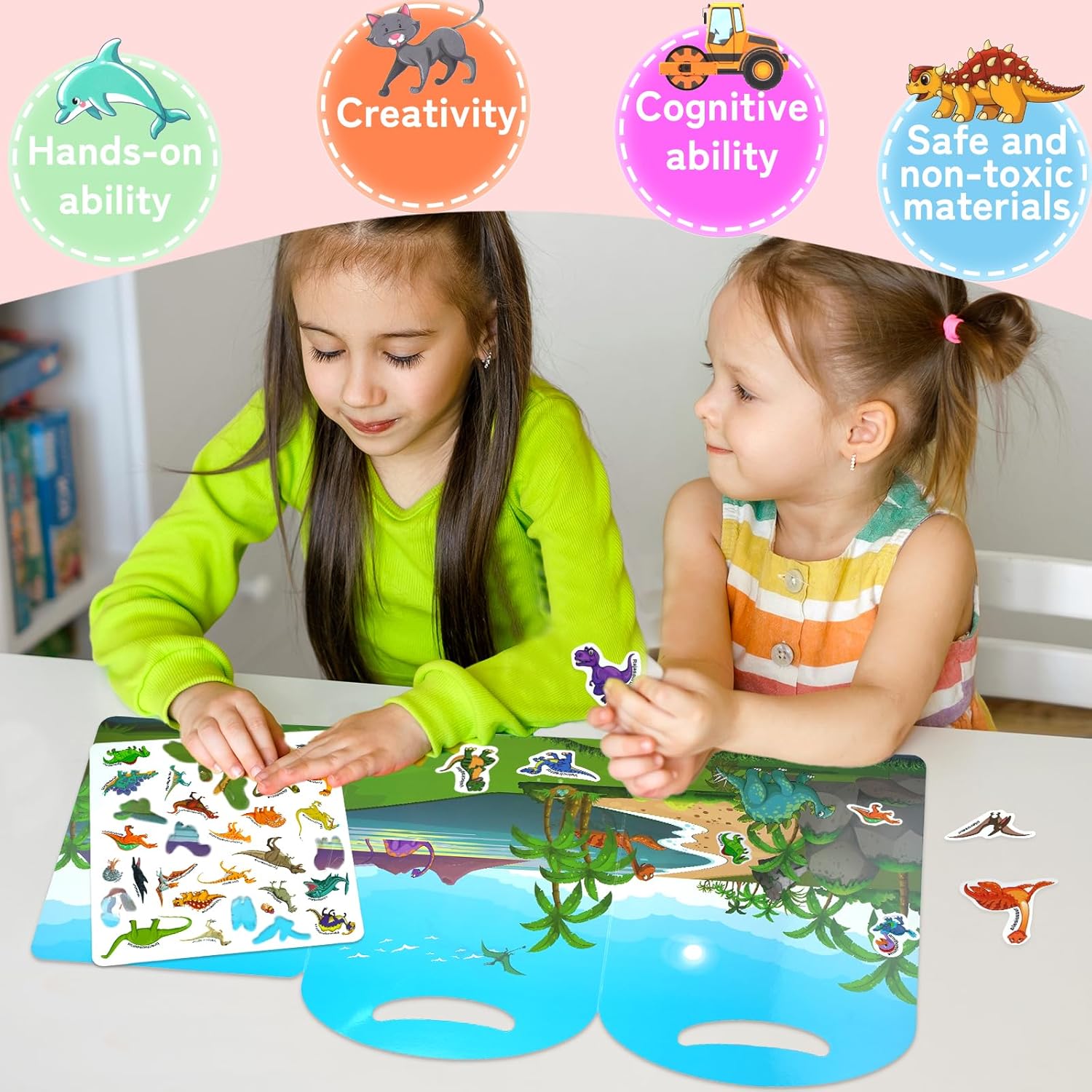 Libro de calcomanías reutilizables para niños, libros de actividades de aprendizaje de dinosaurios, libro silencioso de gelatina para escuela,